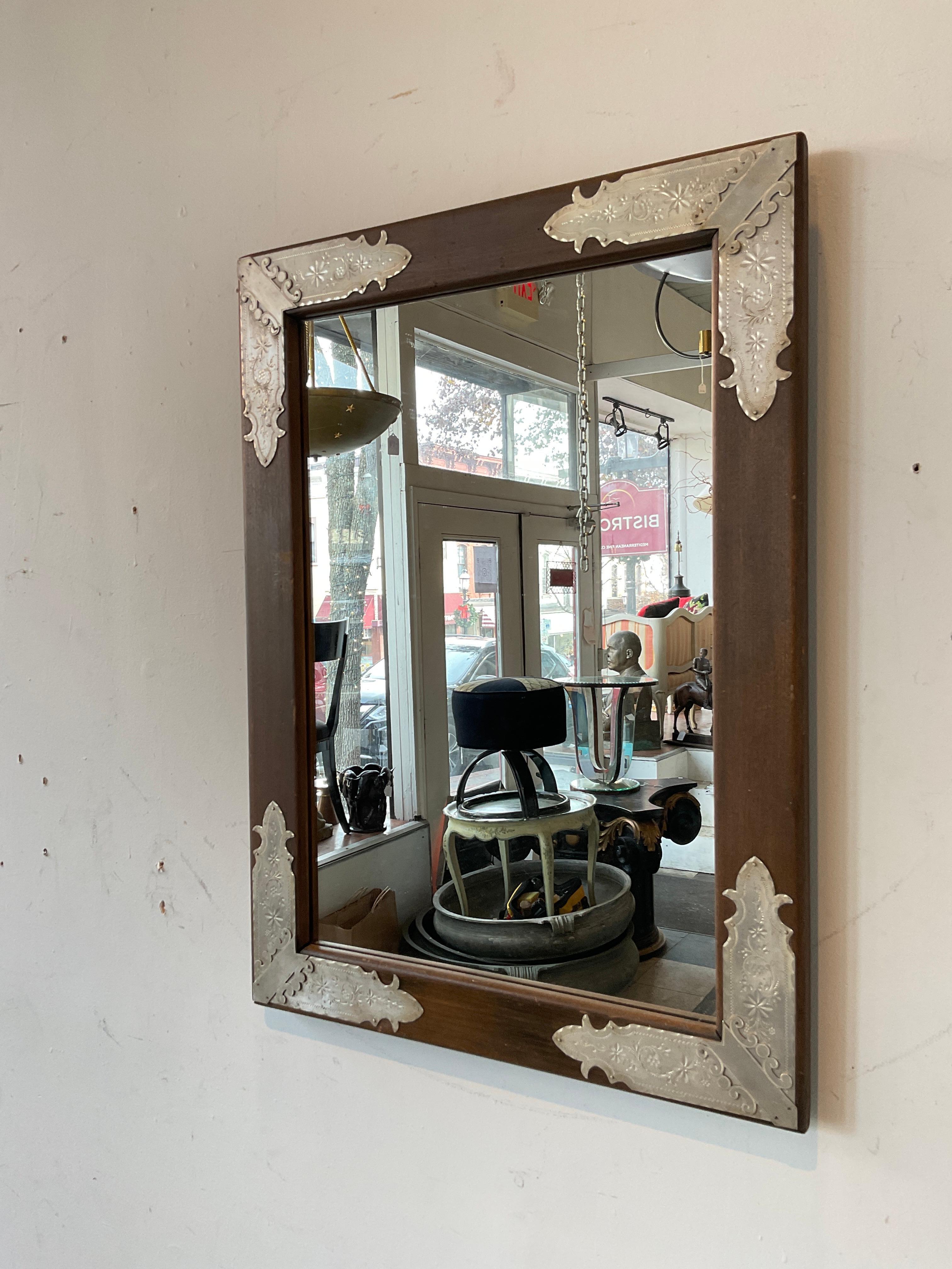 1920s Wood mirror with tin corners.