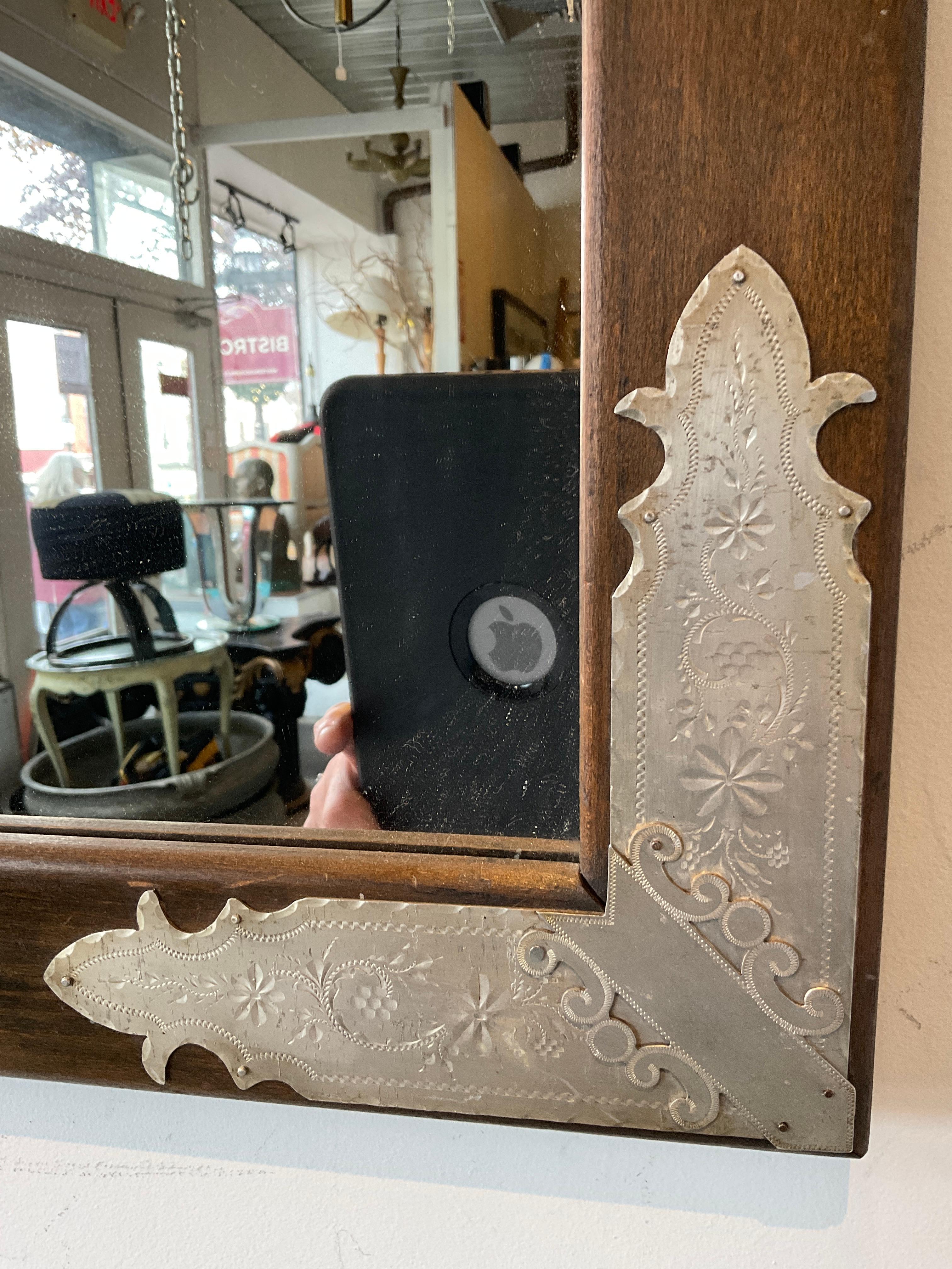 1920s Wood Mirror with Tin Metal Corners In Good Condition For Sale In Tarrytown, NY