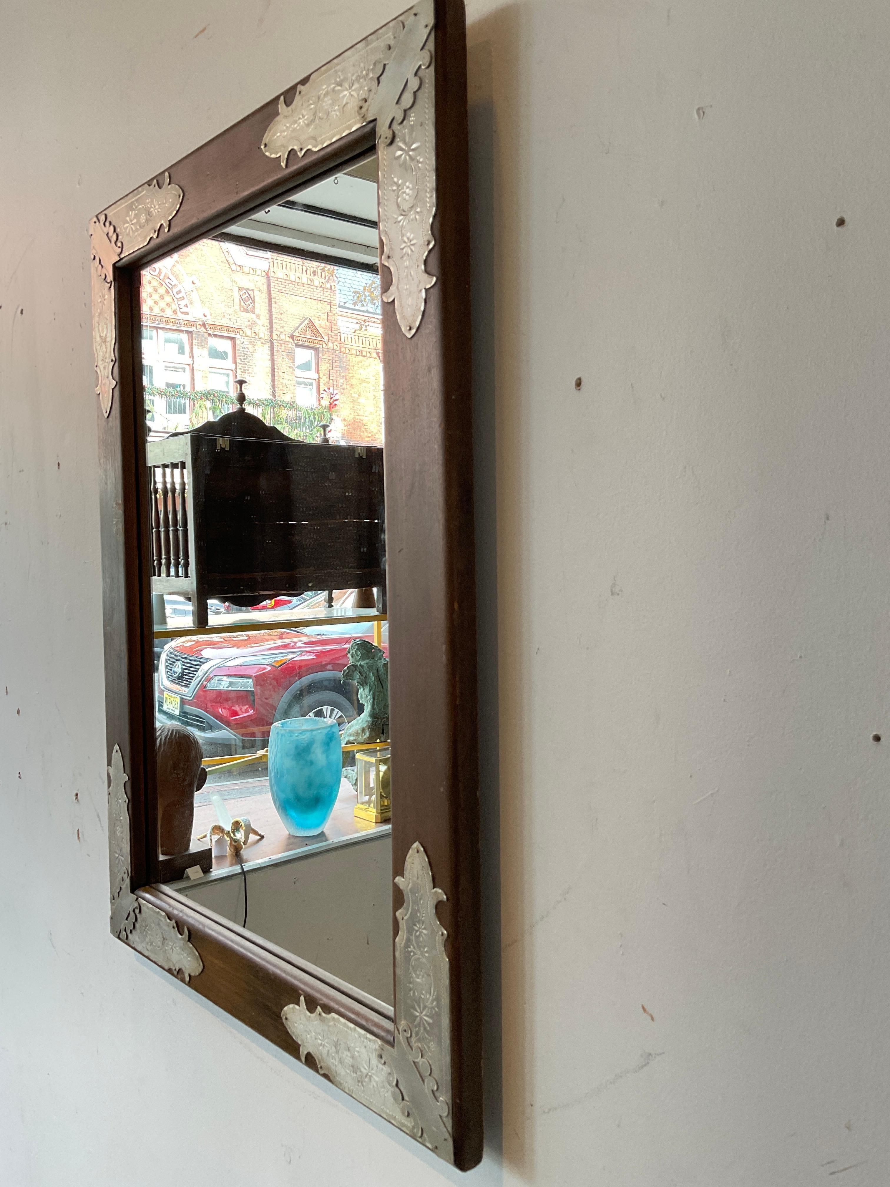 Early 20th Century 1920s Wood Mirror with Tin Metal Corners For Sale