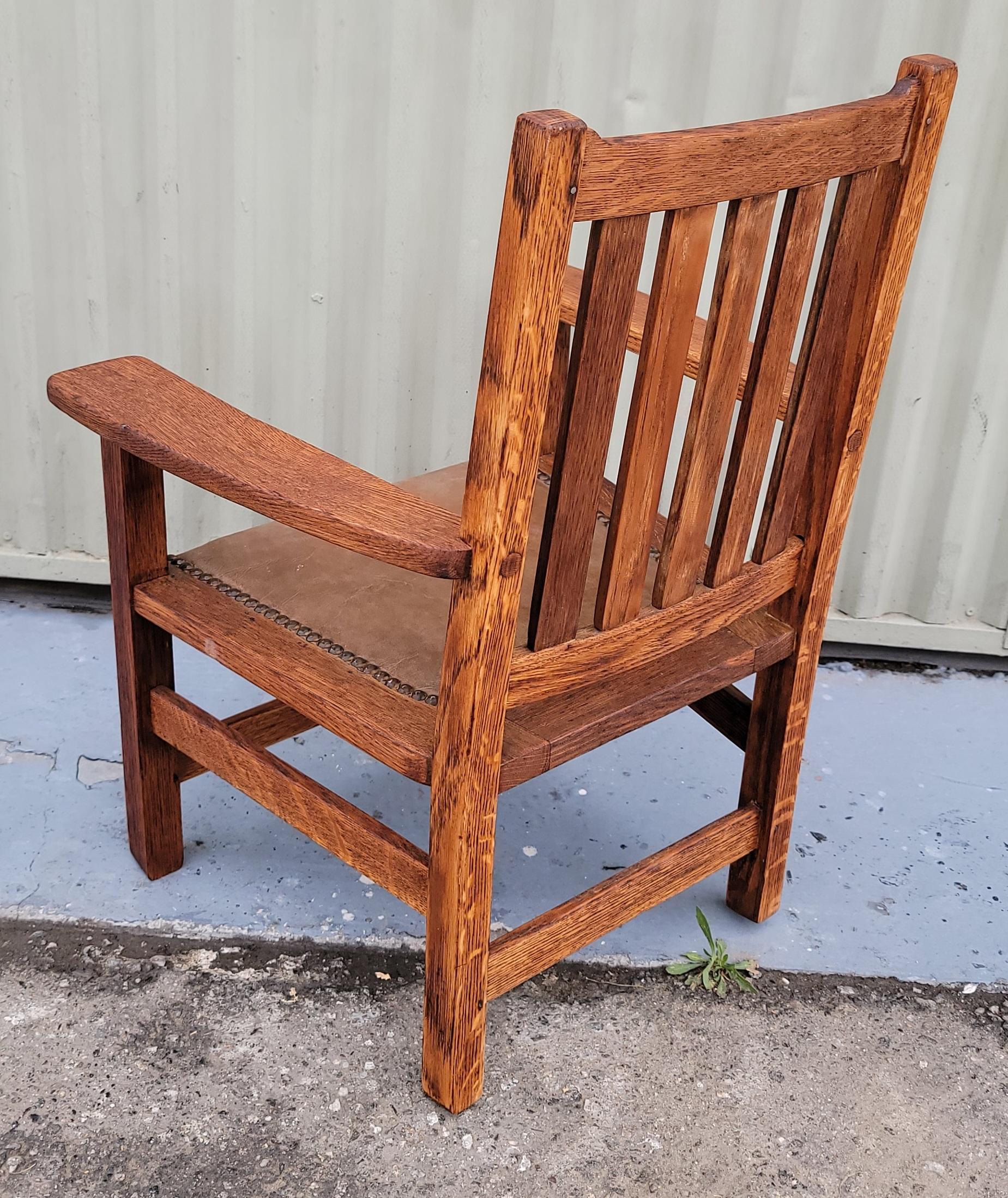 Adirondack 1920s Wooden Arts And Crafts Childs Chair with Leather Seat For Sale