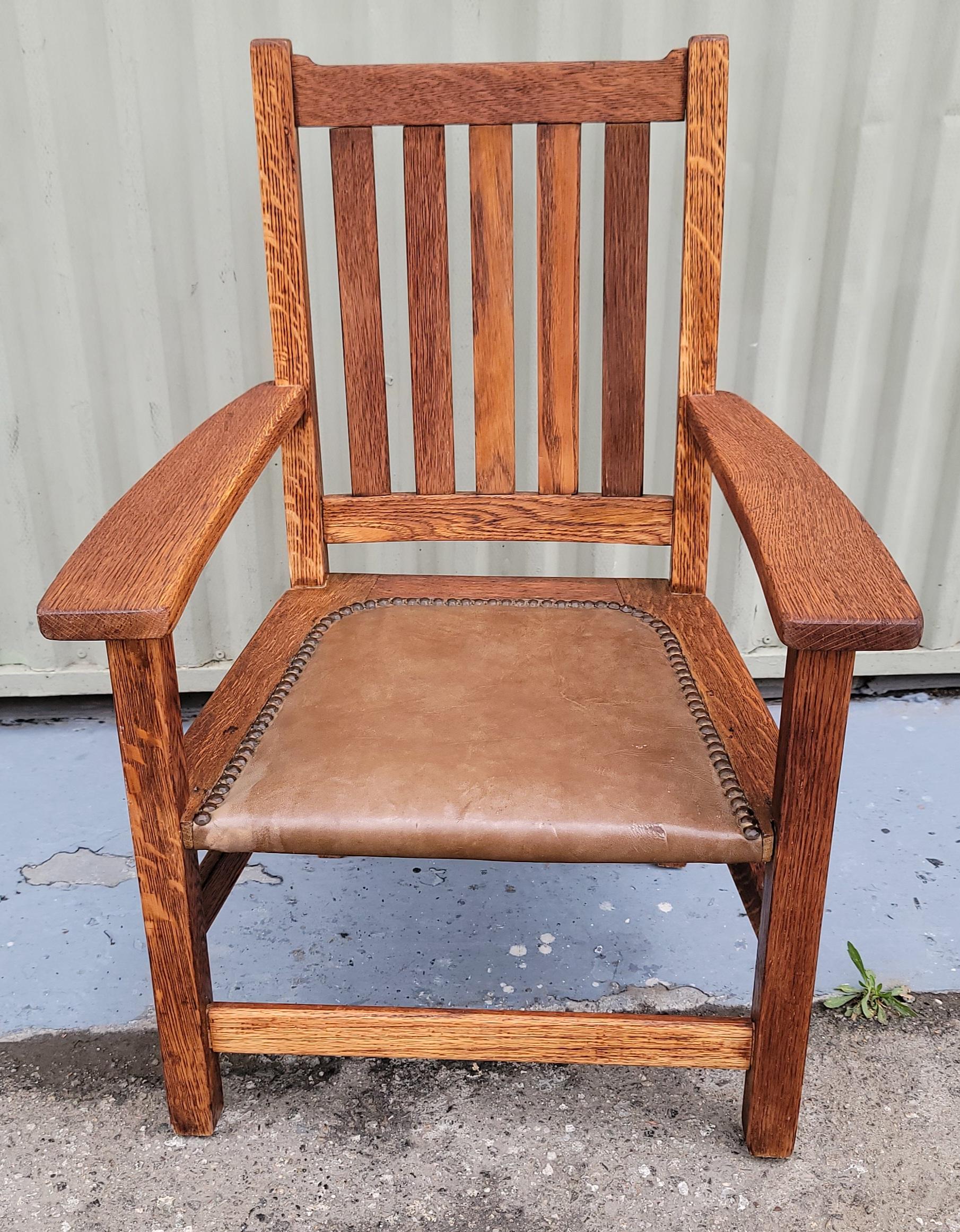 20th Century 1920s Wooden Arts And Crafts Childs Chair with Leather Seat For Sale