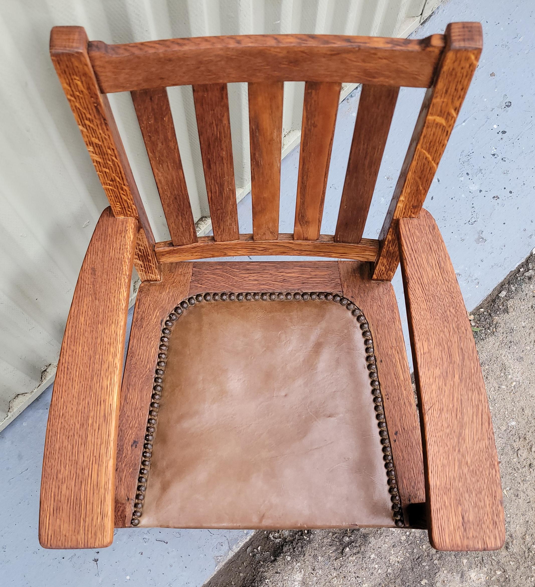 1920s Wooden Arts And Crafts Childs Chair with Leather Seat For Sale 1