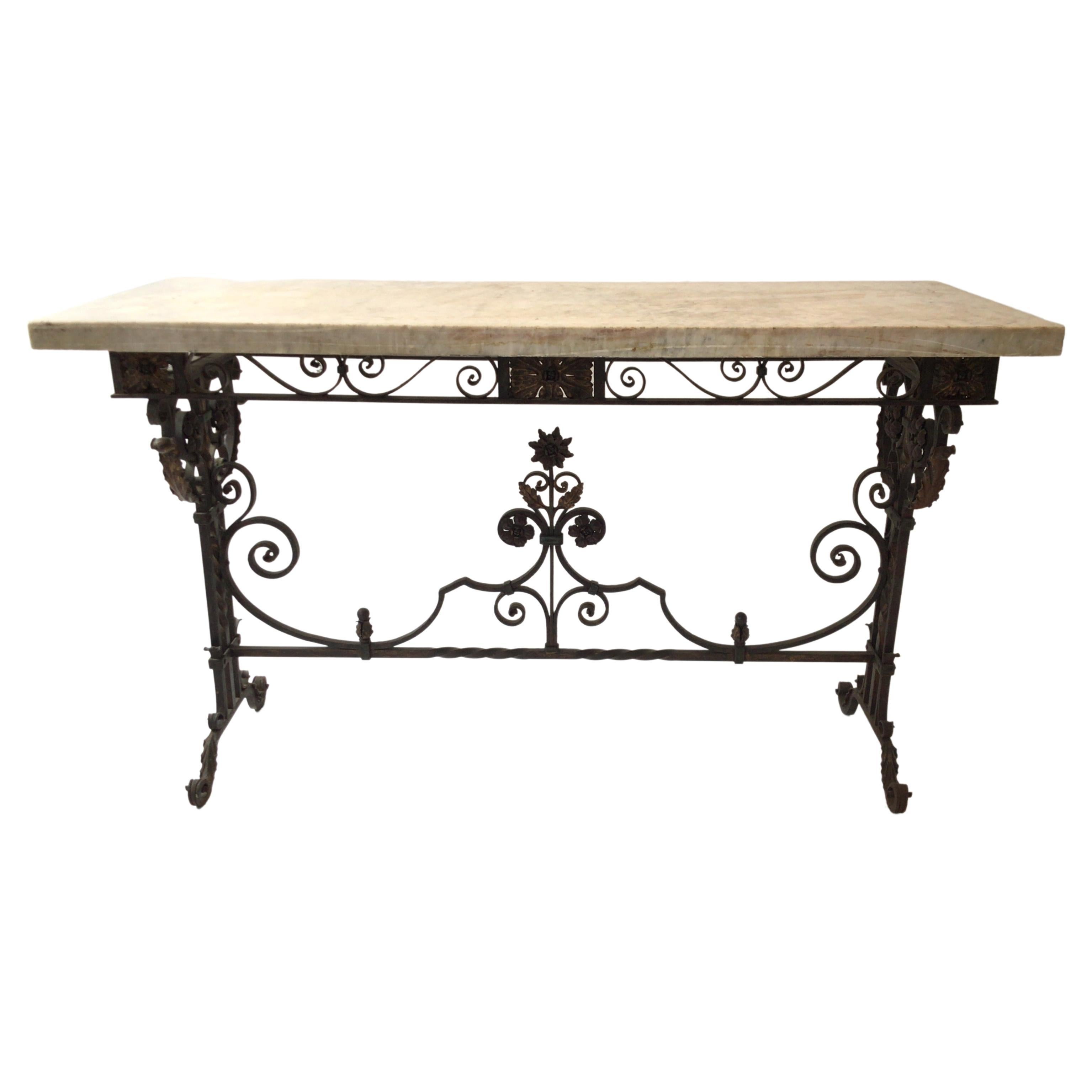 1920s Wrought Iron / Marble Top Console