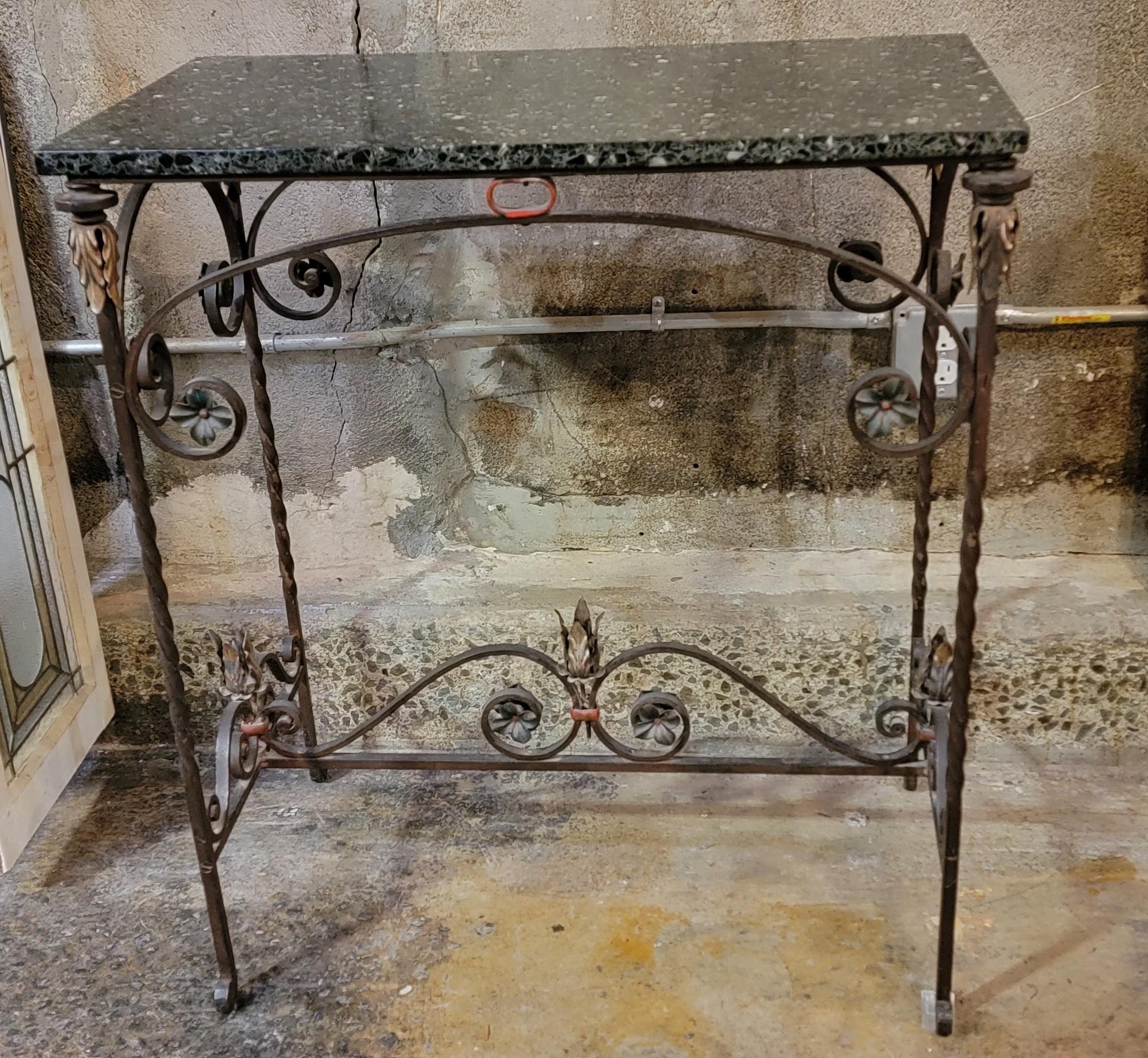 American 1920's Wrought Iron Marble Top Console Table For Sale