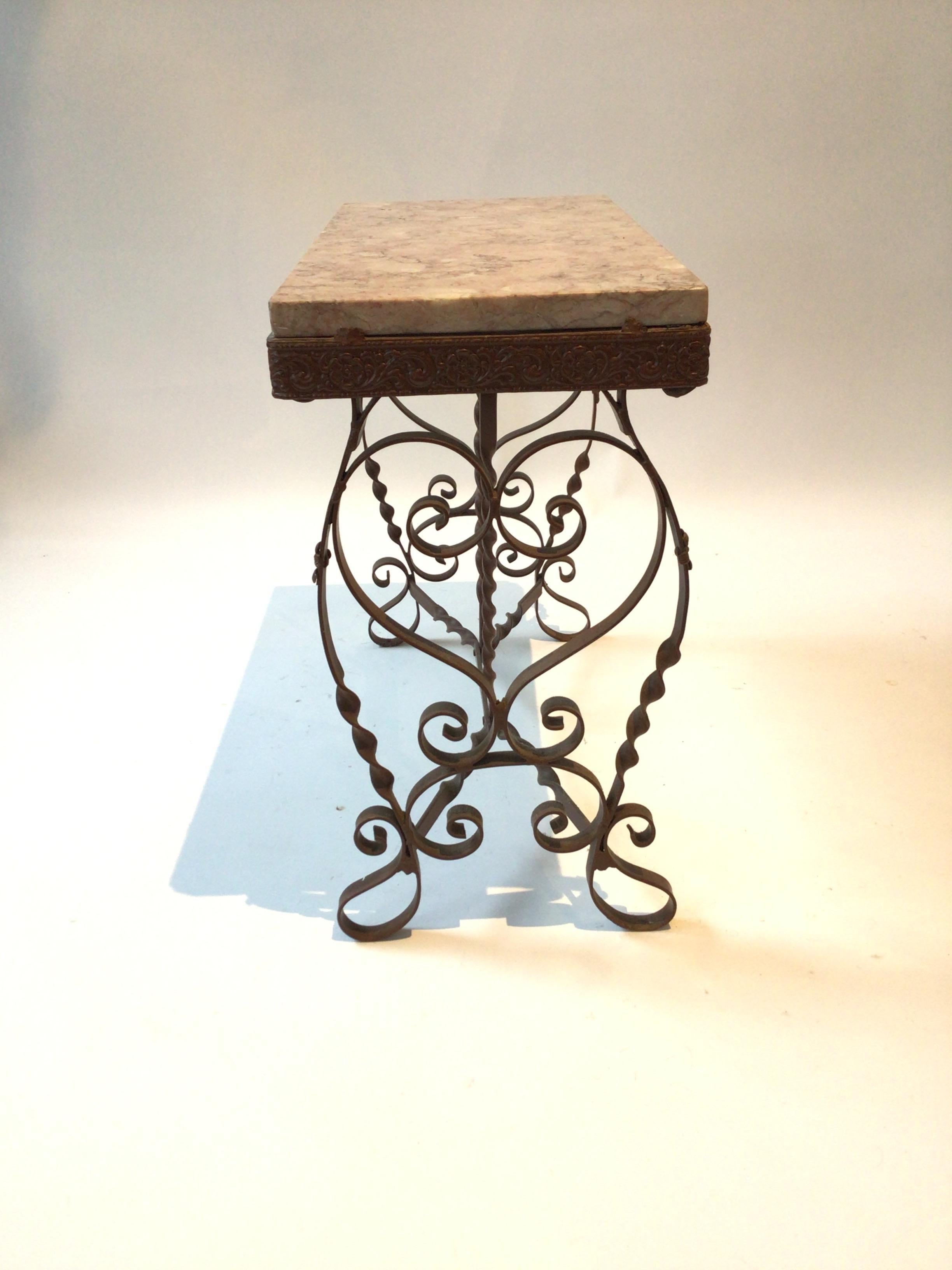 1920s Wrought Iron / Marble Top Side Table In Good Condition In Tarrytown, NY