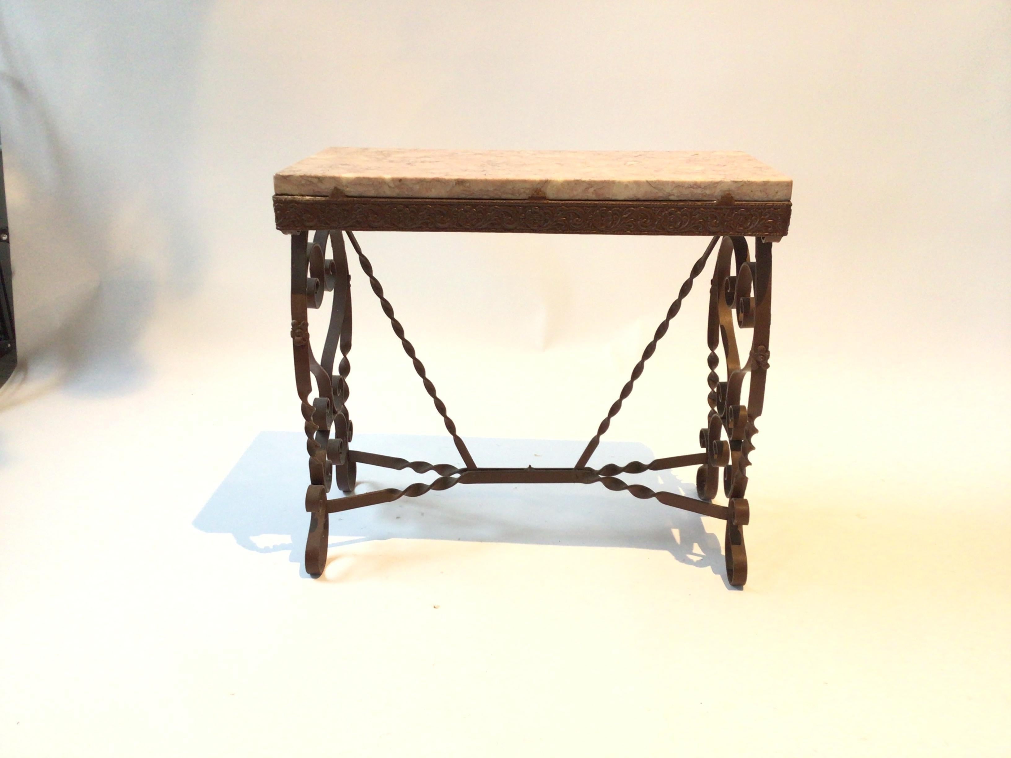 Early 20th Century 1920s Wrought Iron / Marble Top Side Table