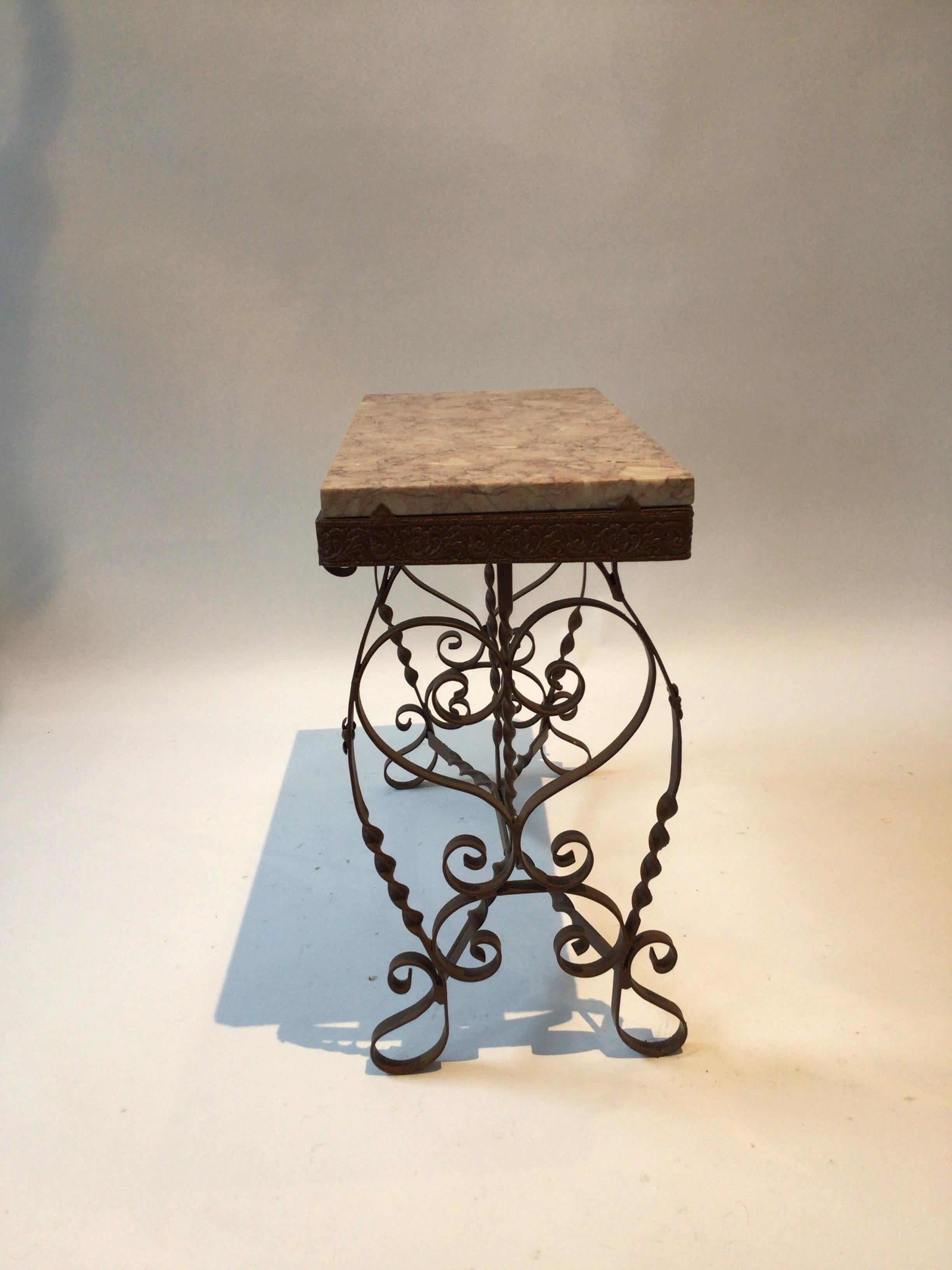 1920s Wrought Iron / Marble Top Side Table 1
