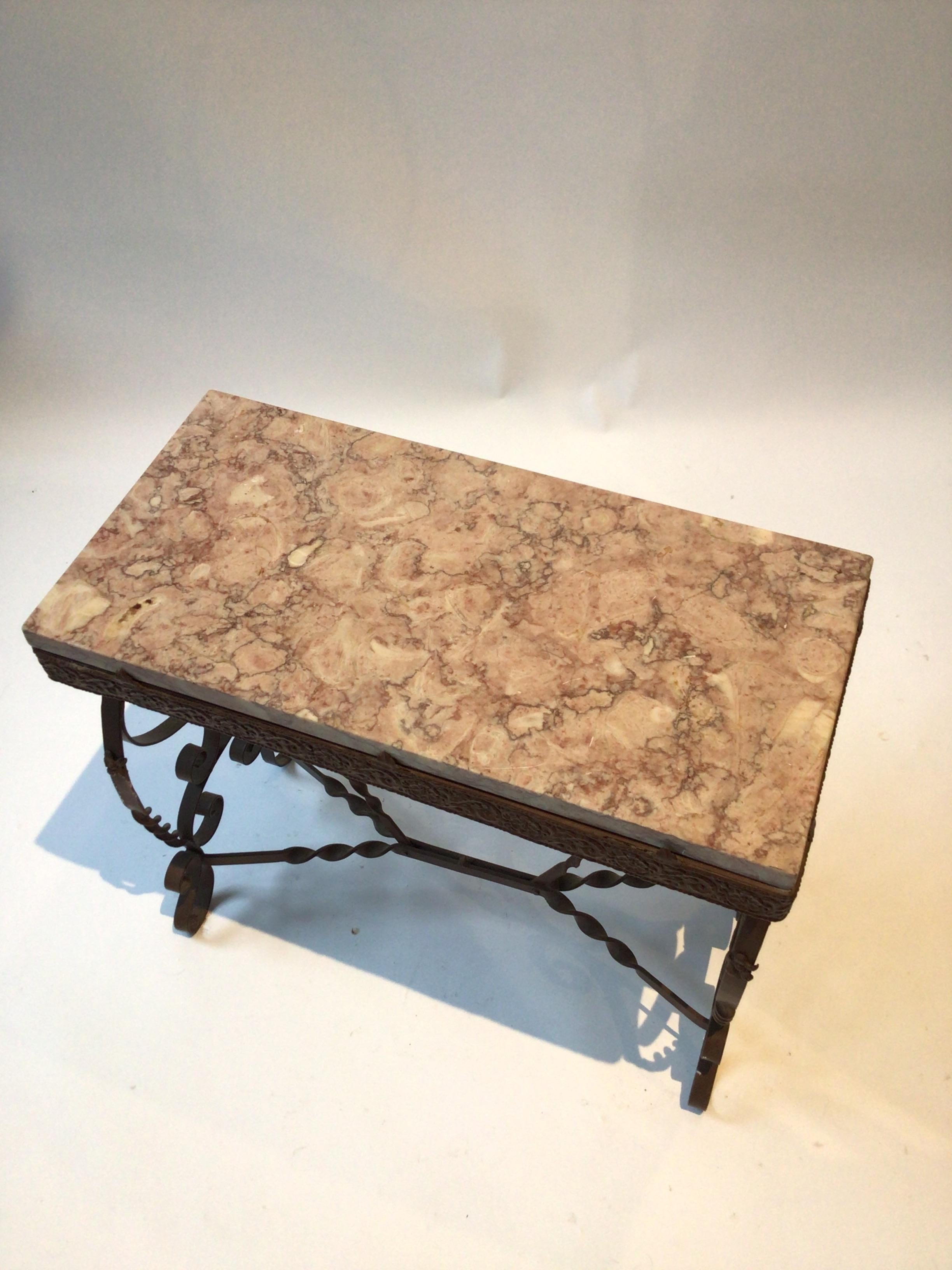 1920s Wrought Iron / Marble Top Side Table 2