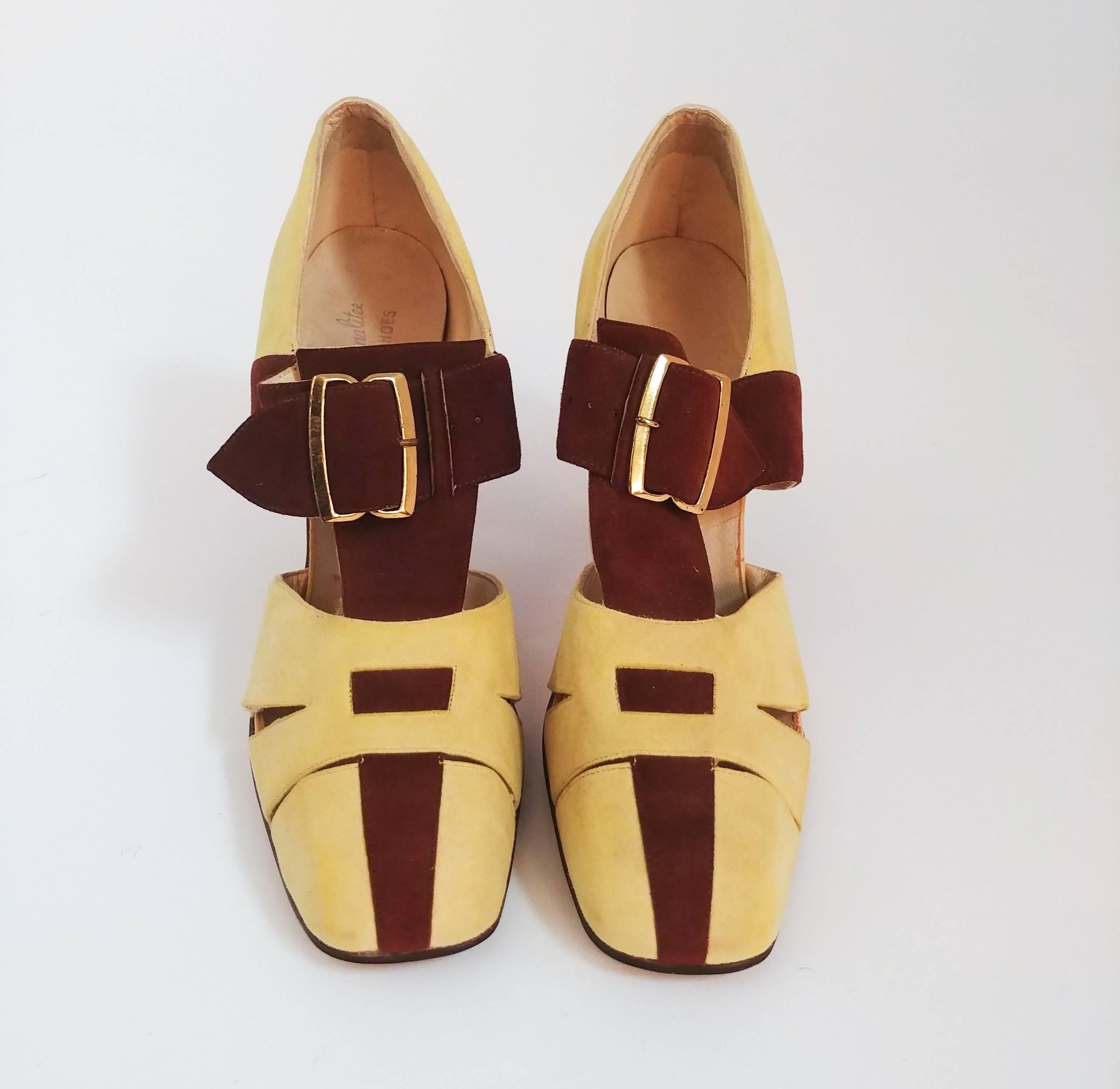 Rare 1930s Yellow & Brown Suede Heels in amazing condition for their age. Yellow suede heels with large front buckle, side cutouts, brown panels for trompe l'oeil effect. These are a US size 6AA