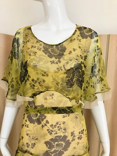1920s Yellow and Brown Floral Print Silk Dress