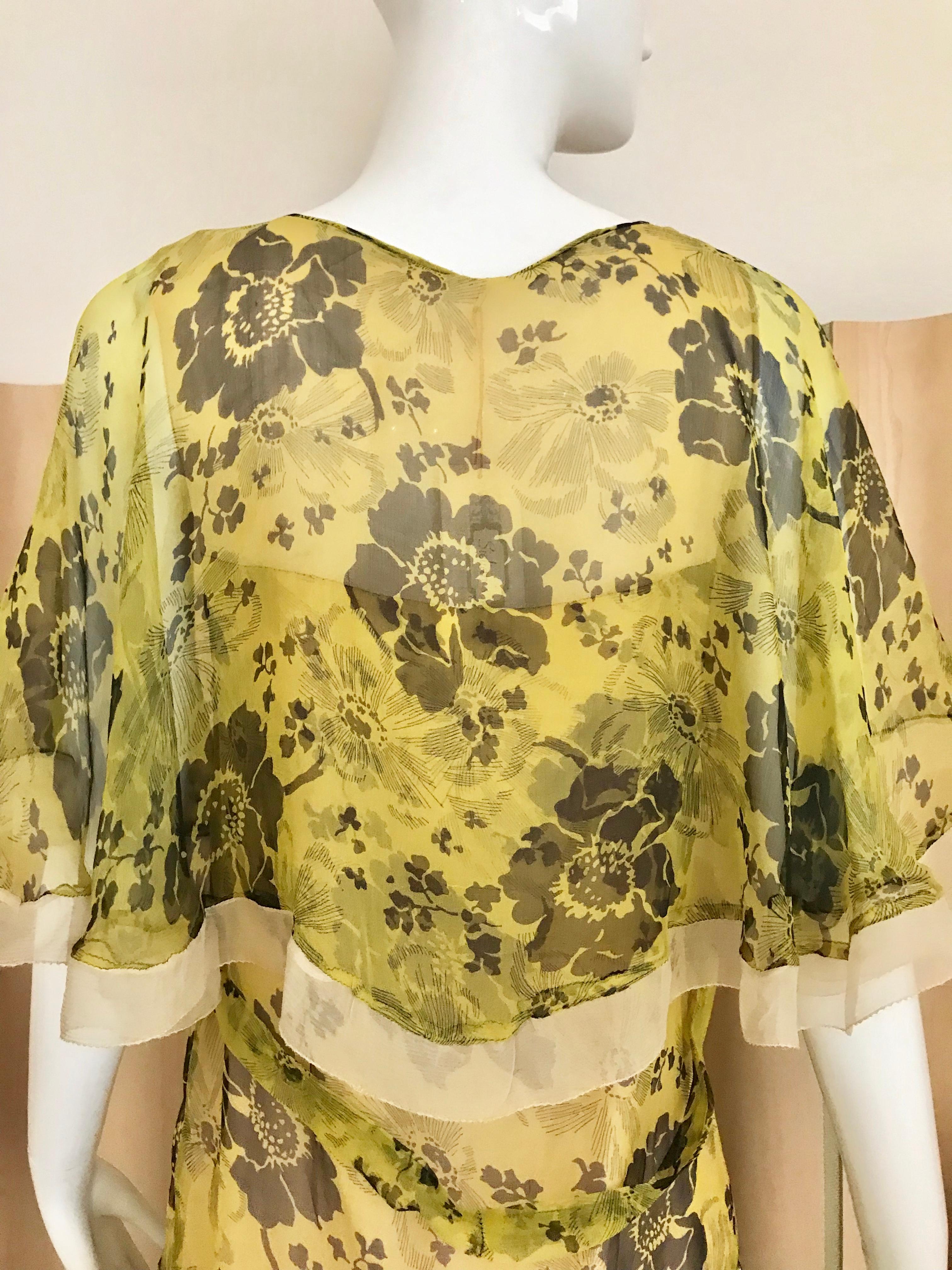 1920s Yellow and Brown Floral Print Silk Dress For Sale 1