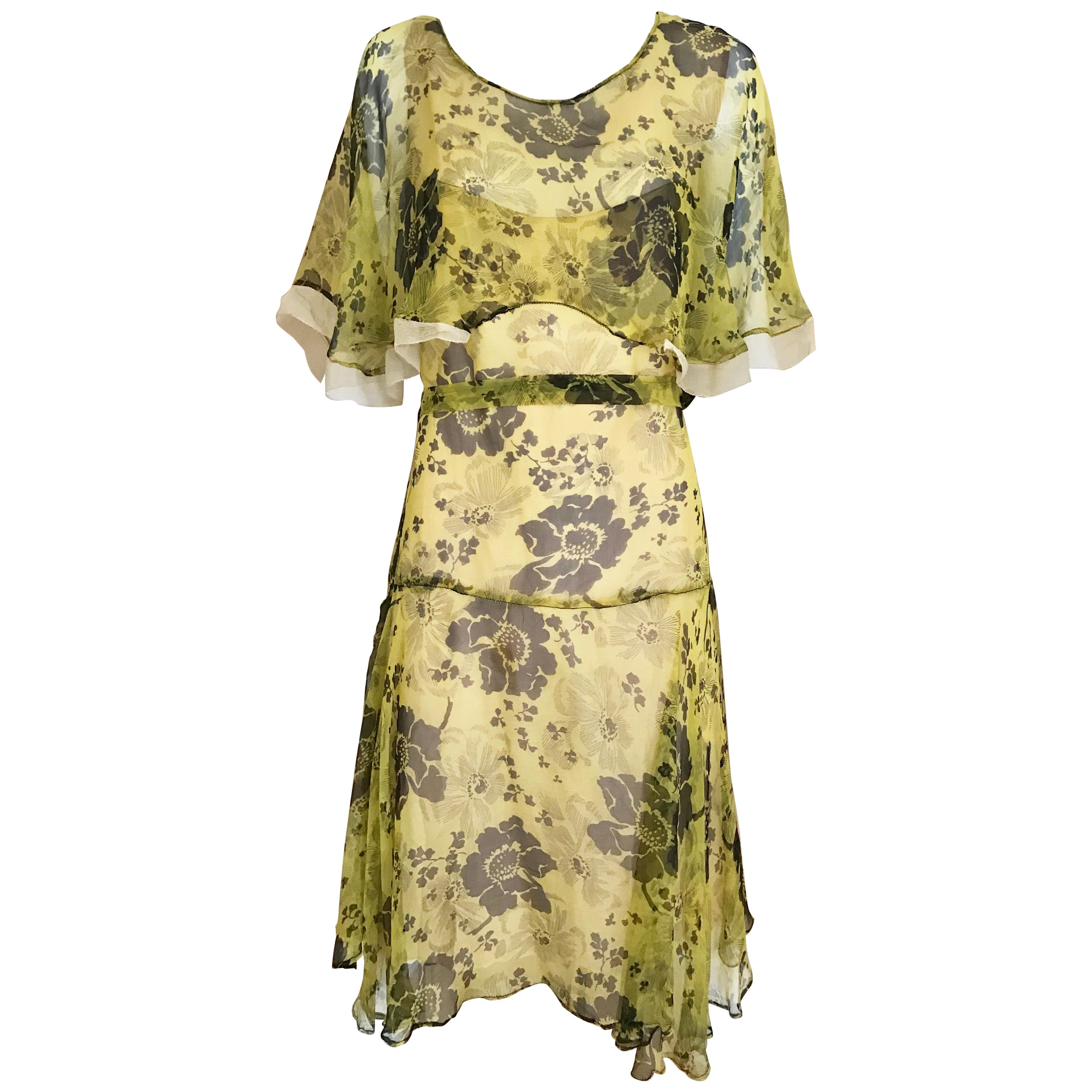 1920s Yellow and Brown Floral Print Silk Dress