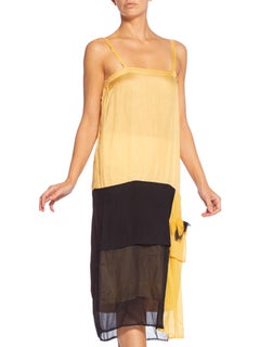 1920'S Yellow & Black Silk Chiffon Slip Dress Meant To Be Worn Under An Evening
