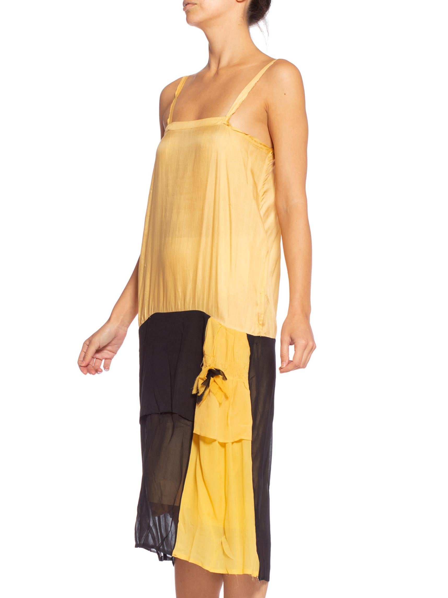 Beige 1920'S Yellow & Black Silk Chiffon Slip Dress Meant To Be Worn Under An Evening For Sale