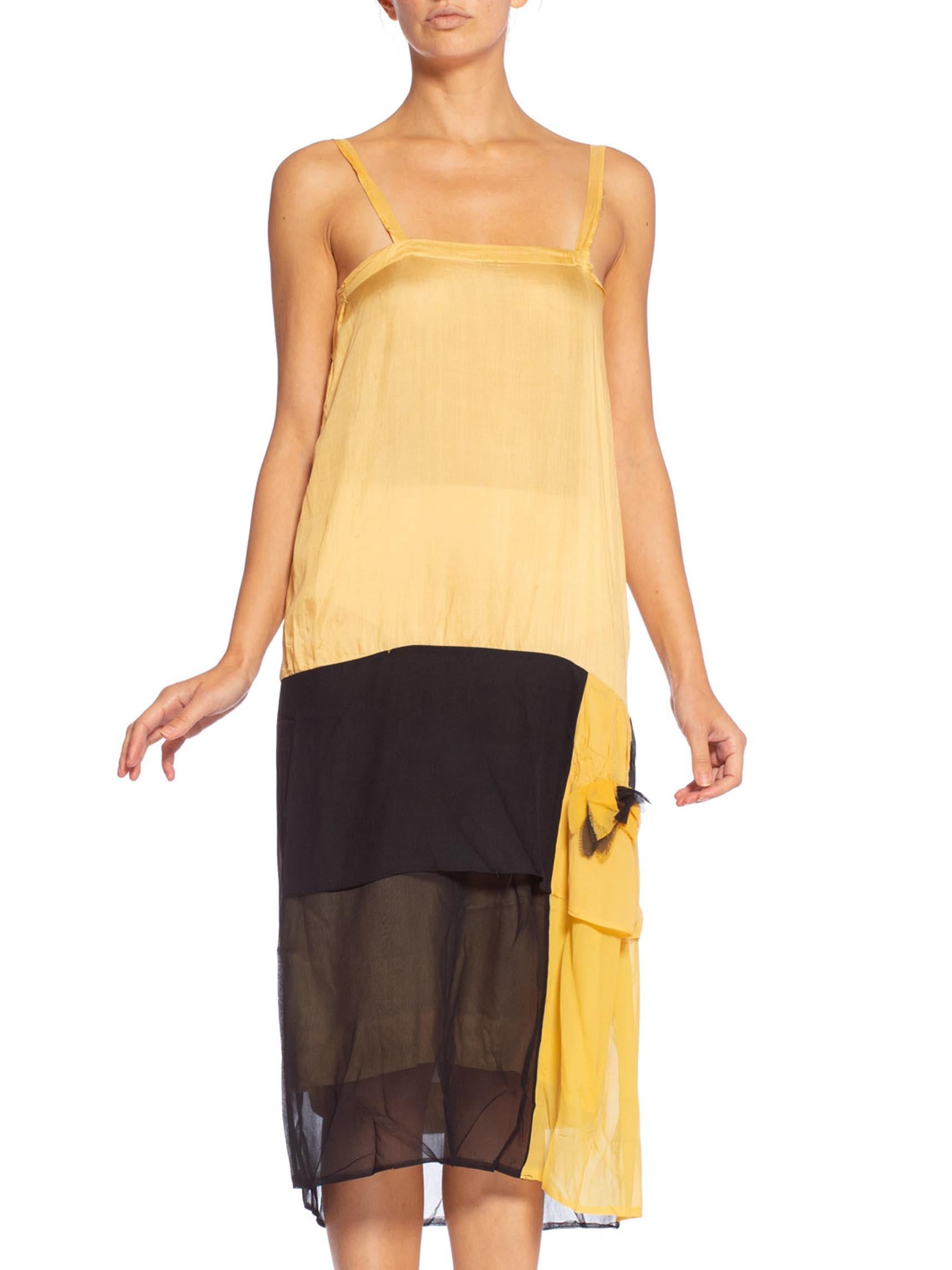 1920'S Yellow & Black Silk Chiffon Slip Dress Meant To Be Worn Under An Evening For Sale 1