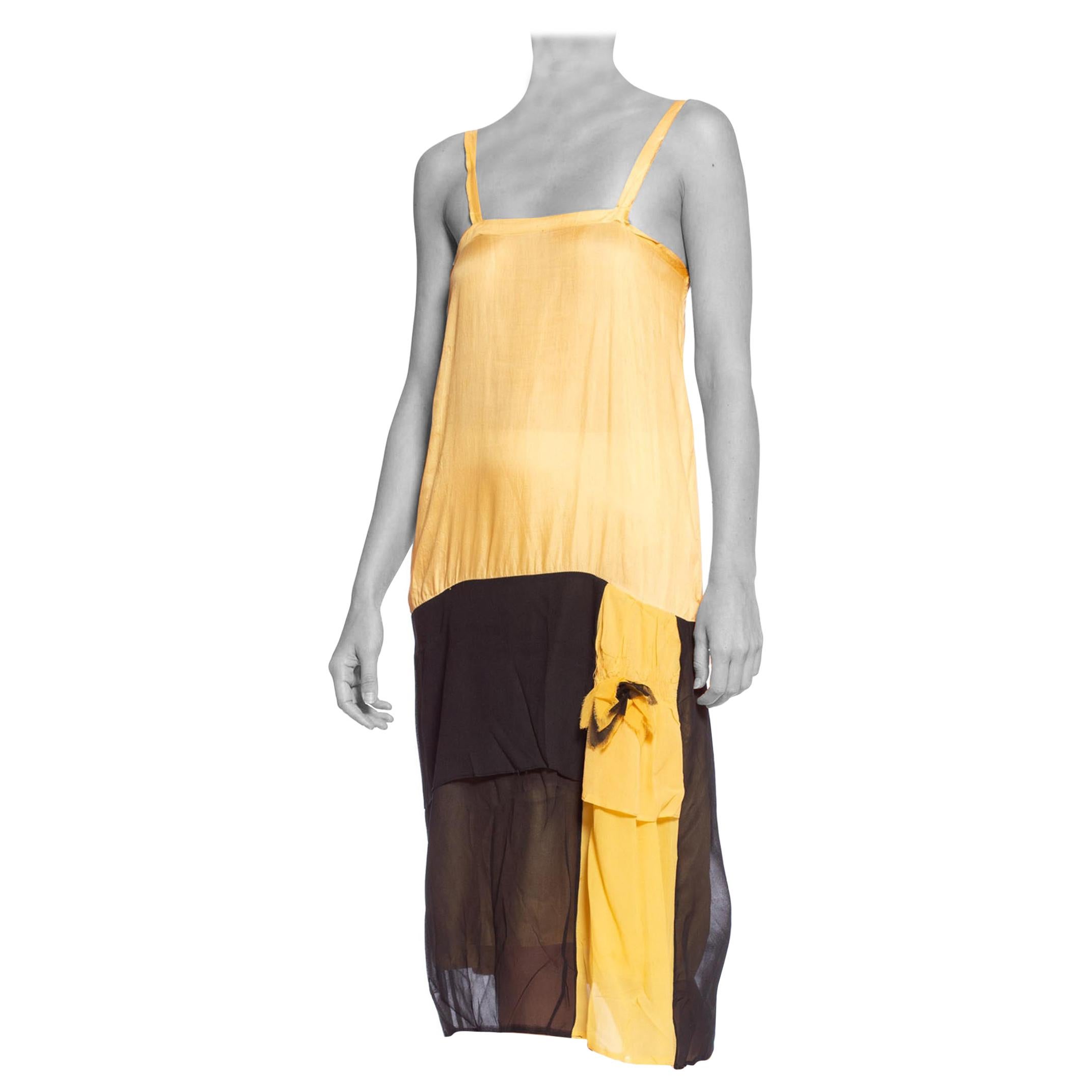 1920'S Yellow & Black Silk Chiffon Slip Dress Meant To Be Worn Under An Evening For Sale