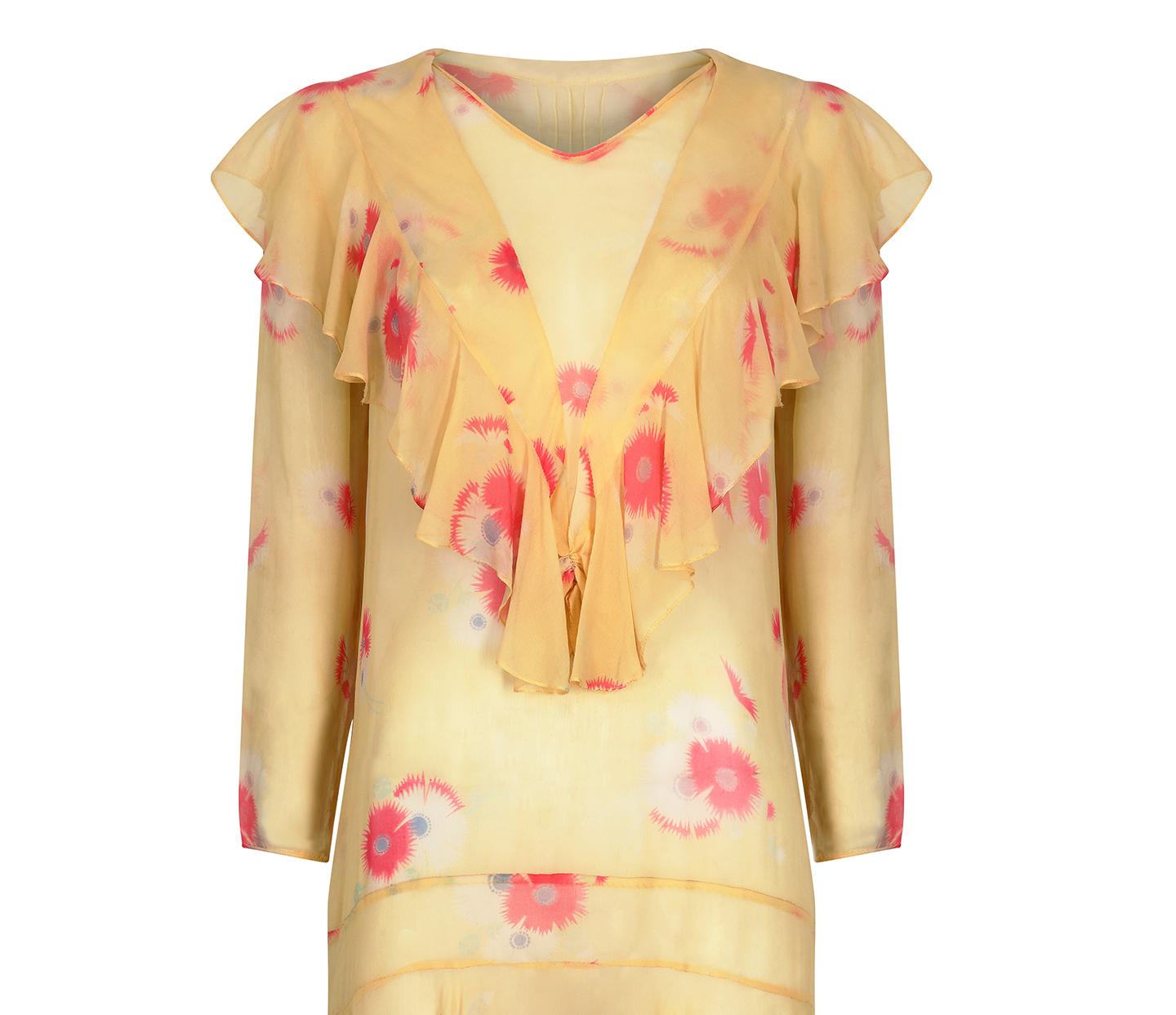 Women's 1920s Yellow Chiffon Floral Dress For Sale