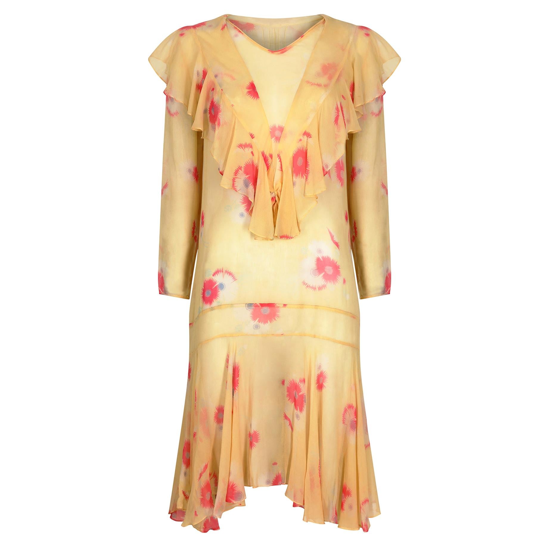 1920s Yellow Chiffon Floral Dress For Sale