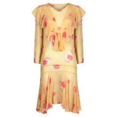 1920s Yellow Chiffon Floral Dress