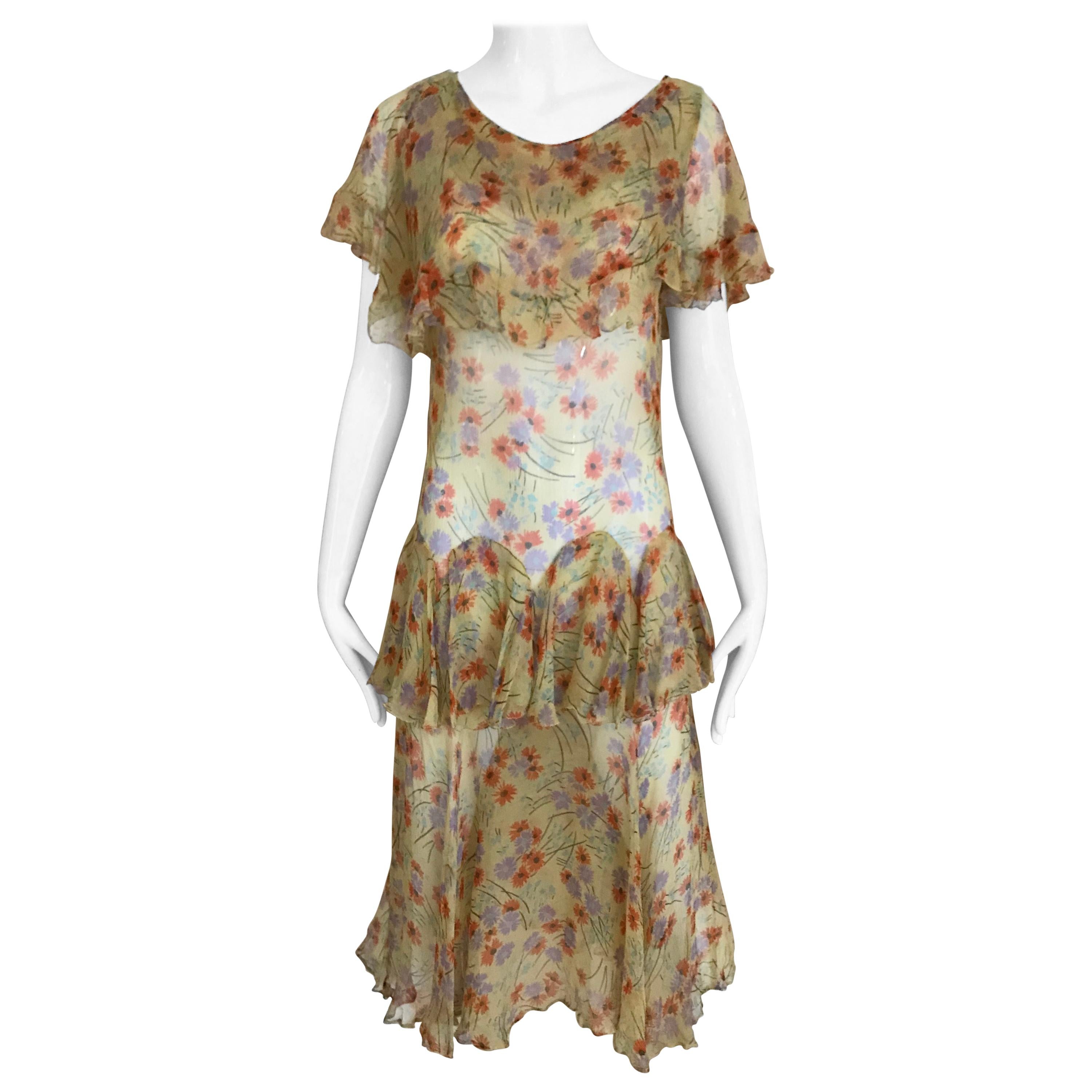 1920s Yellow Floral Print Day Dress For Sale at 1stDibs | 1920s floral ...