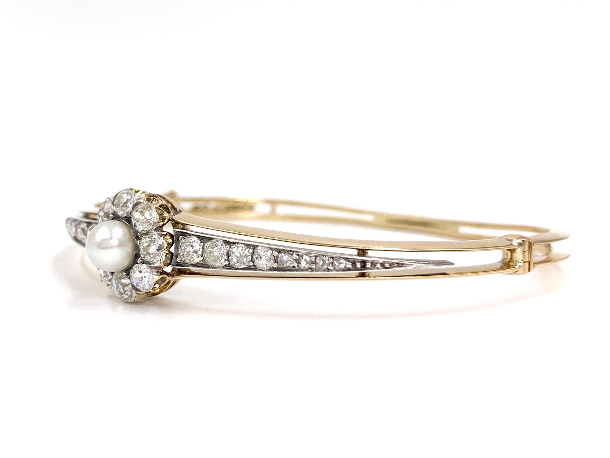 Women's 1920s Yellow Gold and Old European Diamond Pearl Bangle Bracelet