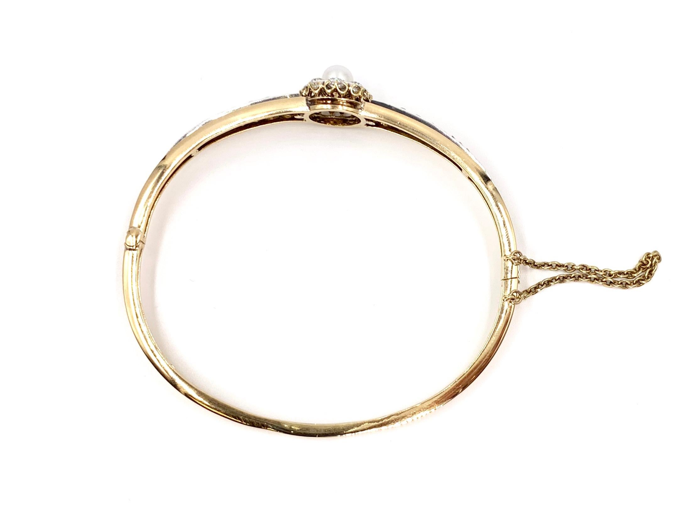 1920s Yellow Gold and Old European Diamond Pearl Bangle Bracelet 1