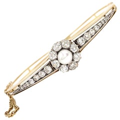 1920s Yellow Gold and Old European Diamond Pearl Bangle Bracelet 1920s Yellow Gold and Old European Diamond Pearl Bangle Bracelet