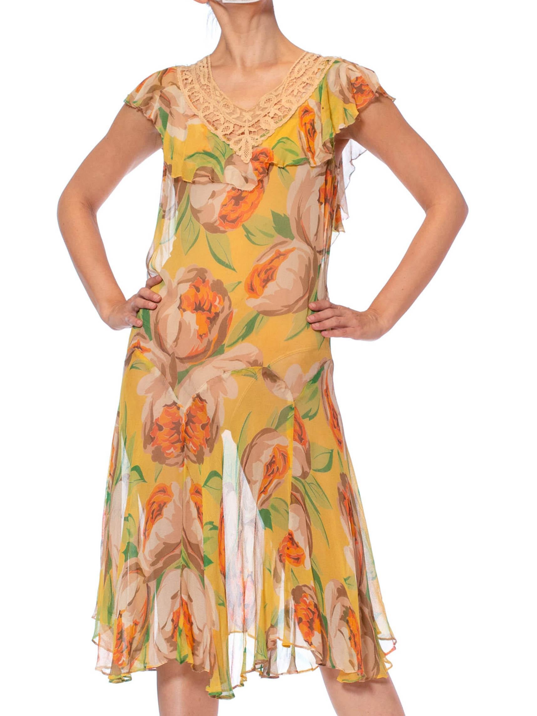 1920S Yellow Green & Orange Floral Silk Chiffon Pullover Drop-Waist Flapper Dress With Ruffled Lace Collar Bias Flounced Skirt