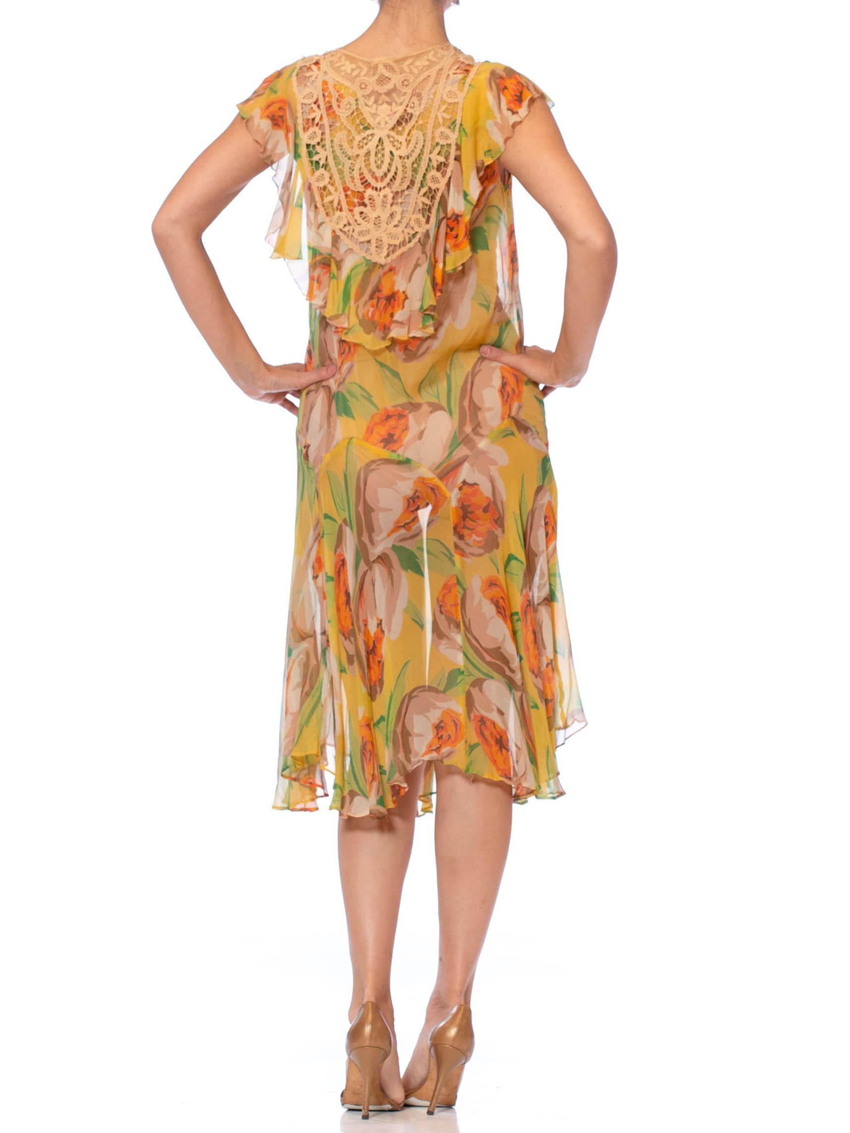 Women's 1920S Yellow Green & Orange Floral Silk Chiffon Pullover Drop-Waist Flapper Dre