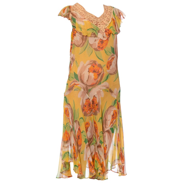 1920S Yellow Green and Orange Floral Silk Chiffon Pullover Drop-Waist ...