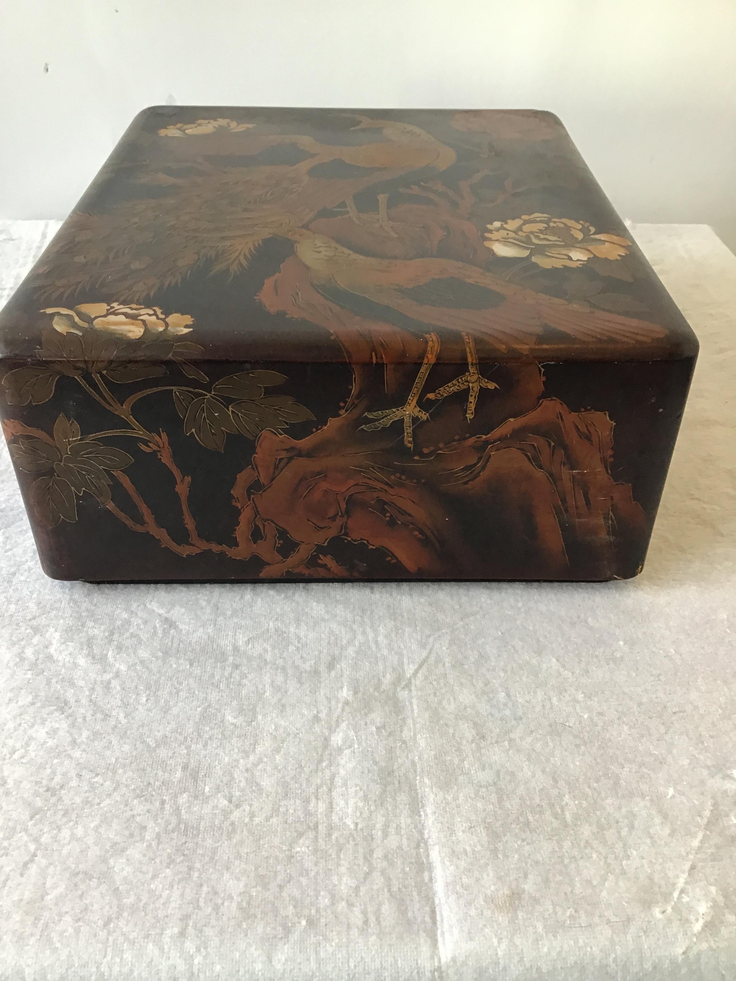 Early 20th Century 1920s Asian Hand Painted Lacquered Box