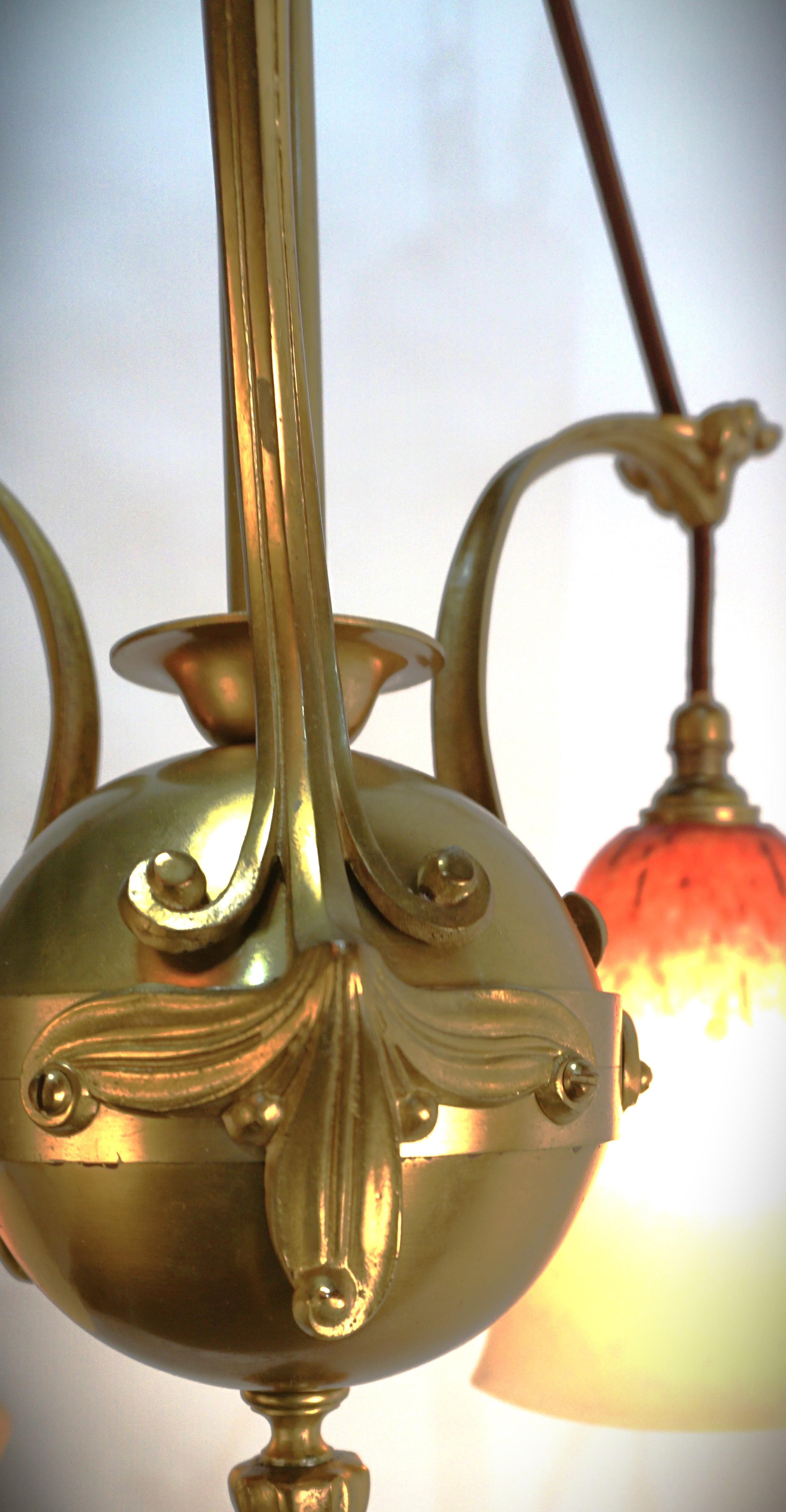 1920'sBlown Glass and Bronze Art Nouveau Chandelier For Sale 6