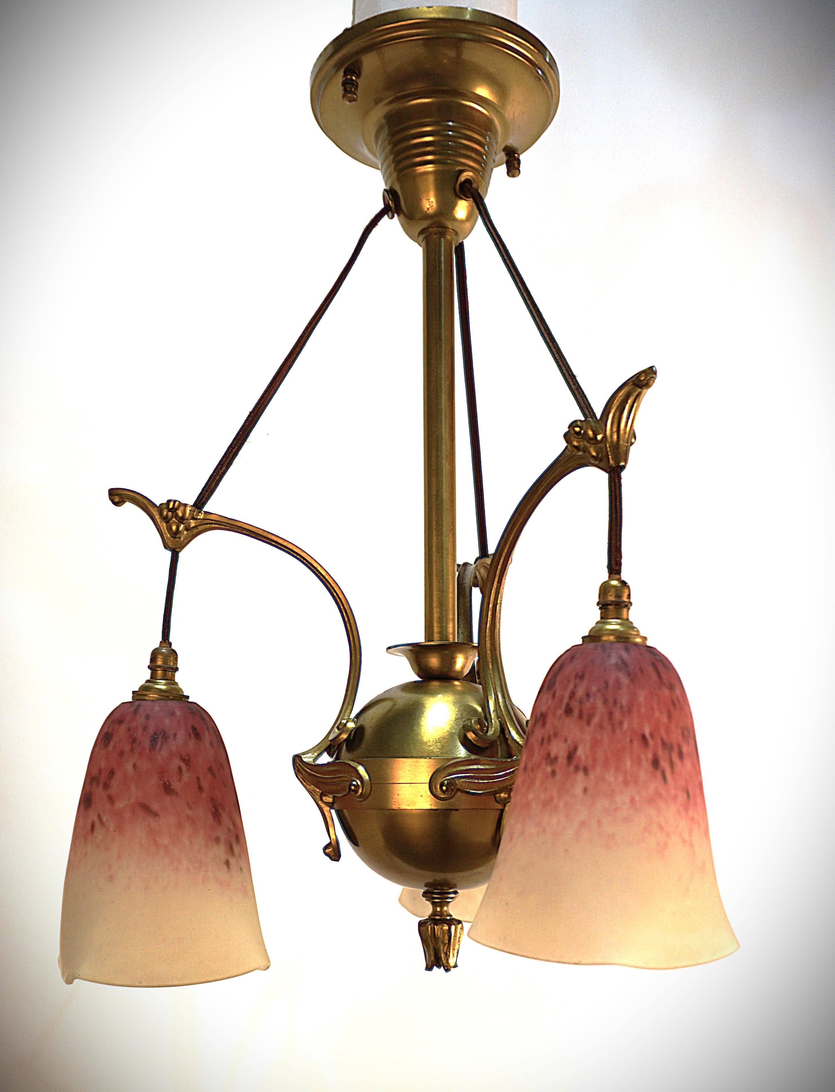 1920'sBlown Glass and Bronze Art Nouveau Chandelier For Sale 7