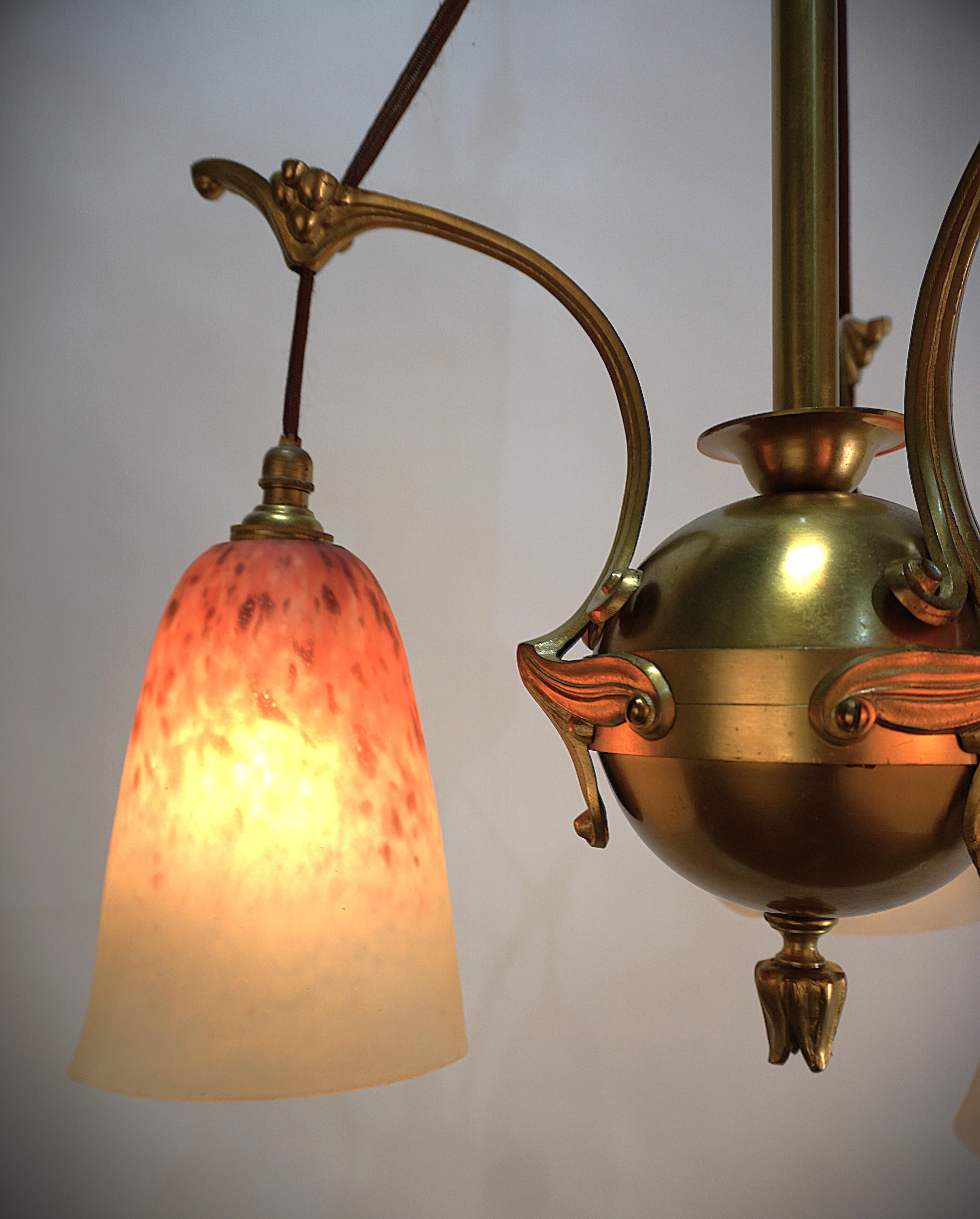 French 1920'sBlown Glass and Bronze Art Nouveau Chandelier For Sale