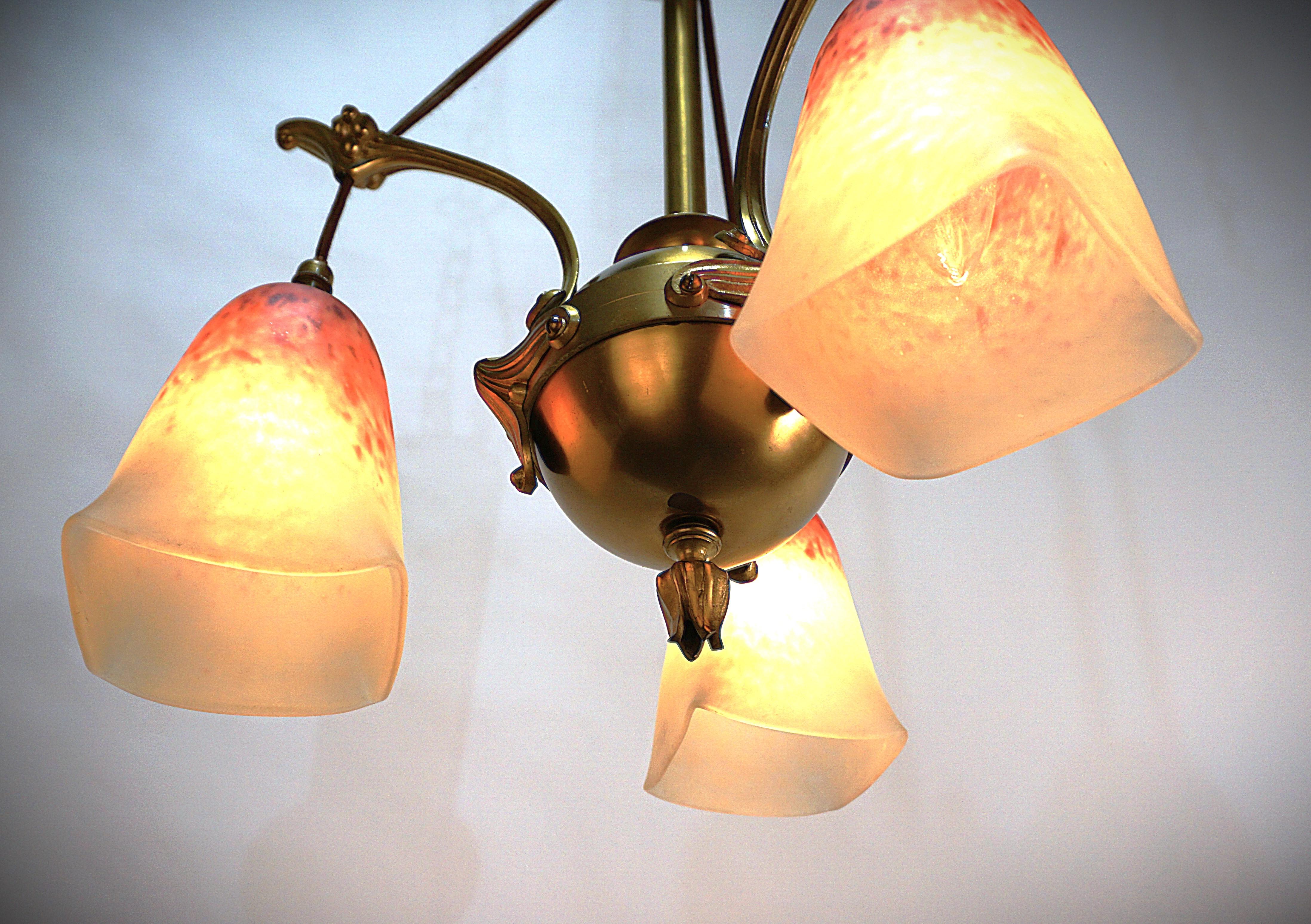 Early 20th Century 1920'sBlown Glass and Bronze Art Nouveau Chandelier For Sale