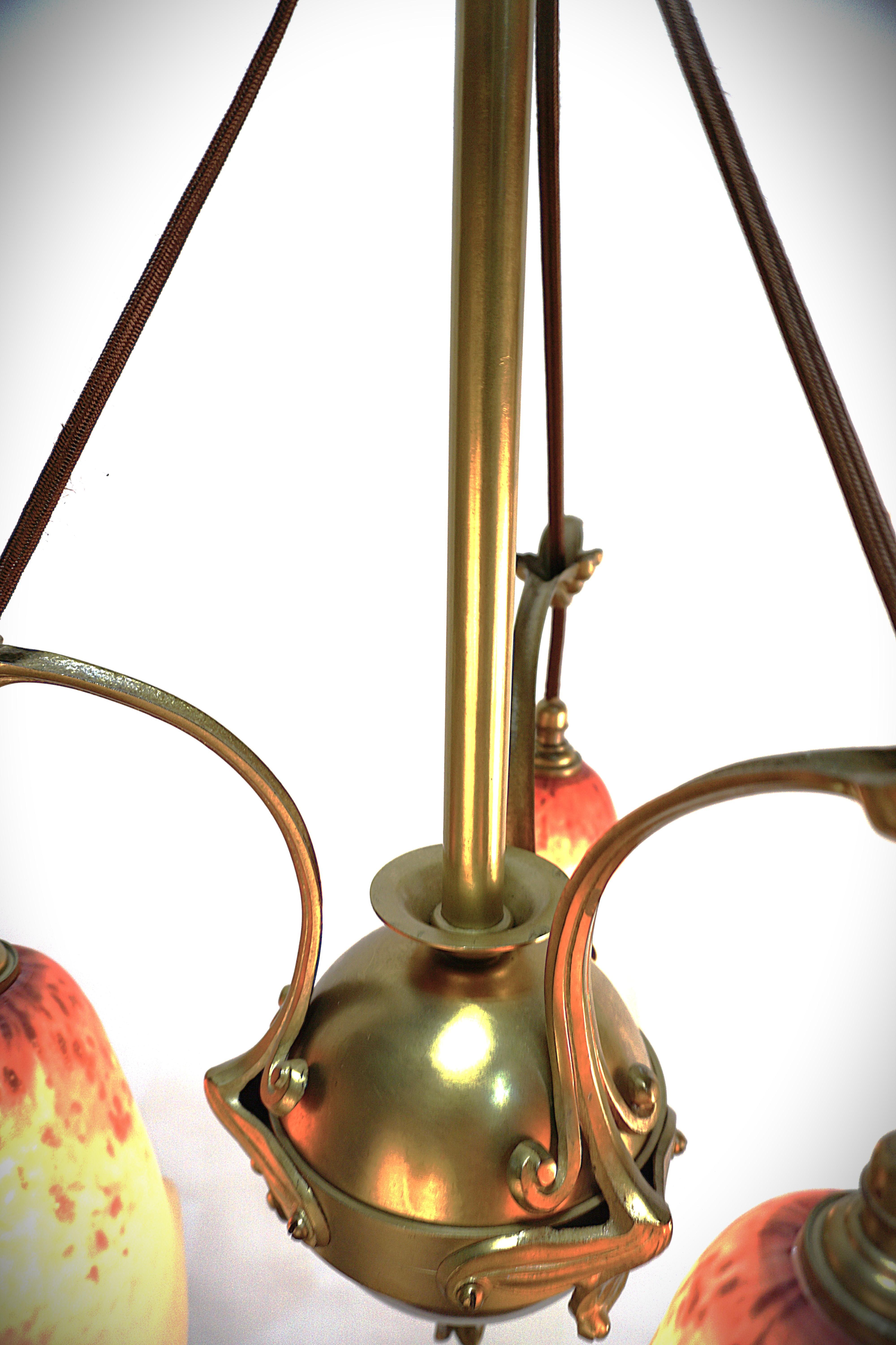 1920'sBlown Glass and Bronze Art Nouveau Chandelier For Sale 1