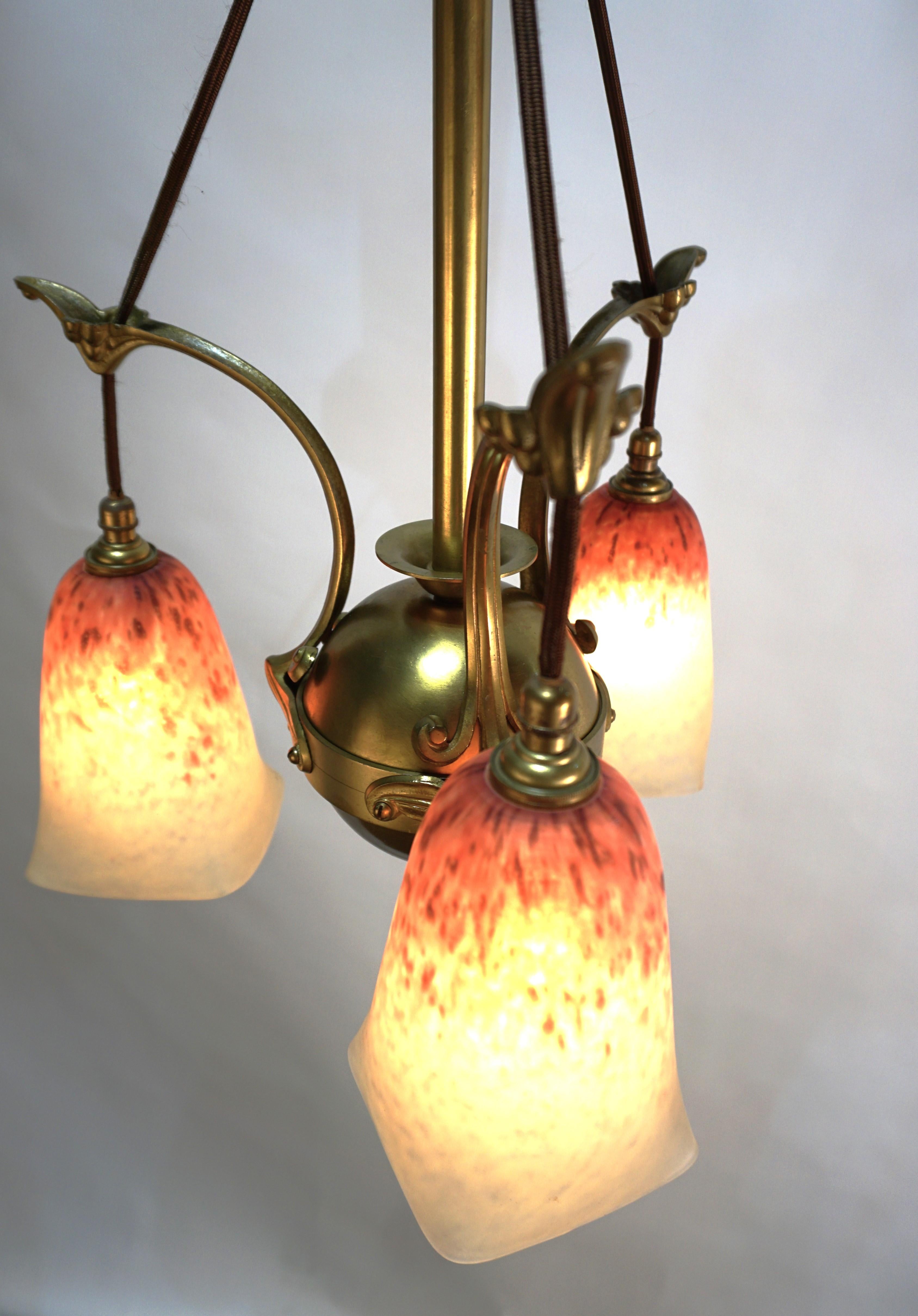1920'sBlown Glass and Bronze Art Nouveau Chandelier For Sale 3