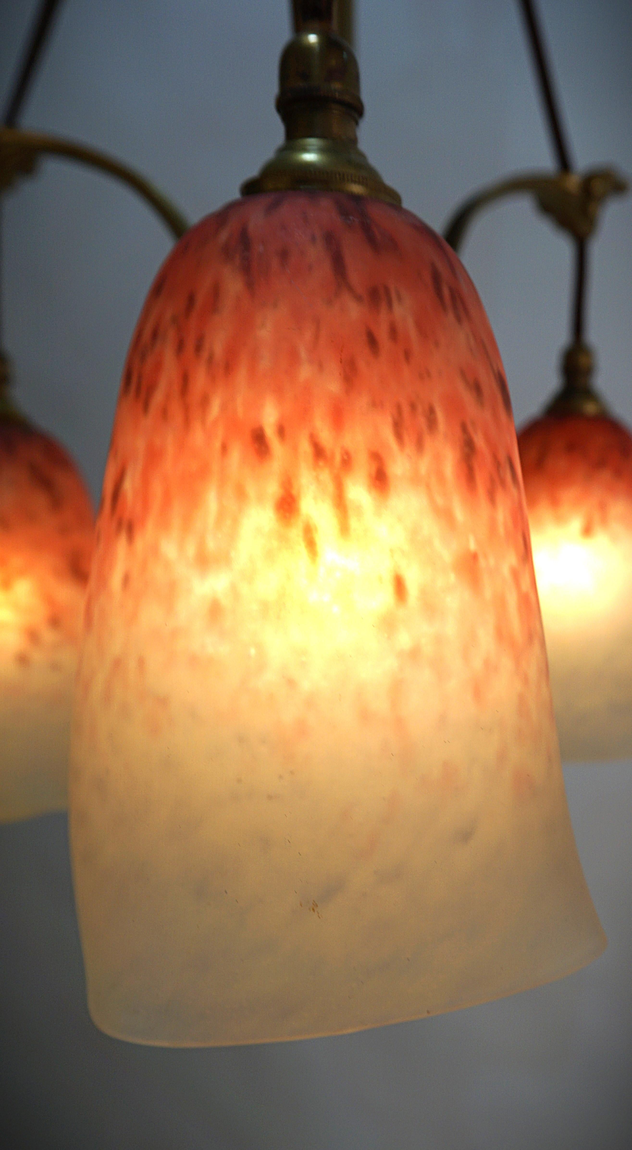 1920'sBlown Glass and Bronze Art Nouveau Chandelier For Sale 4