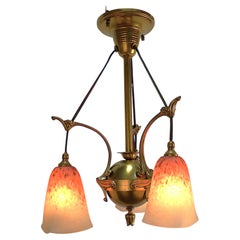 1920'sBlown Glass and Bronze Art Nouveau Chandelier