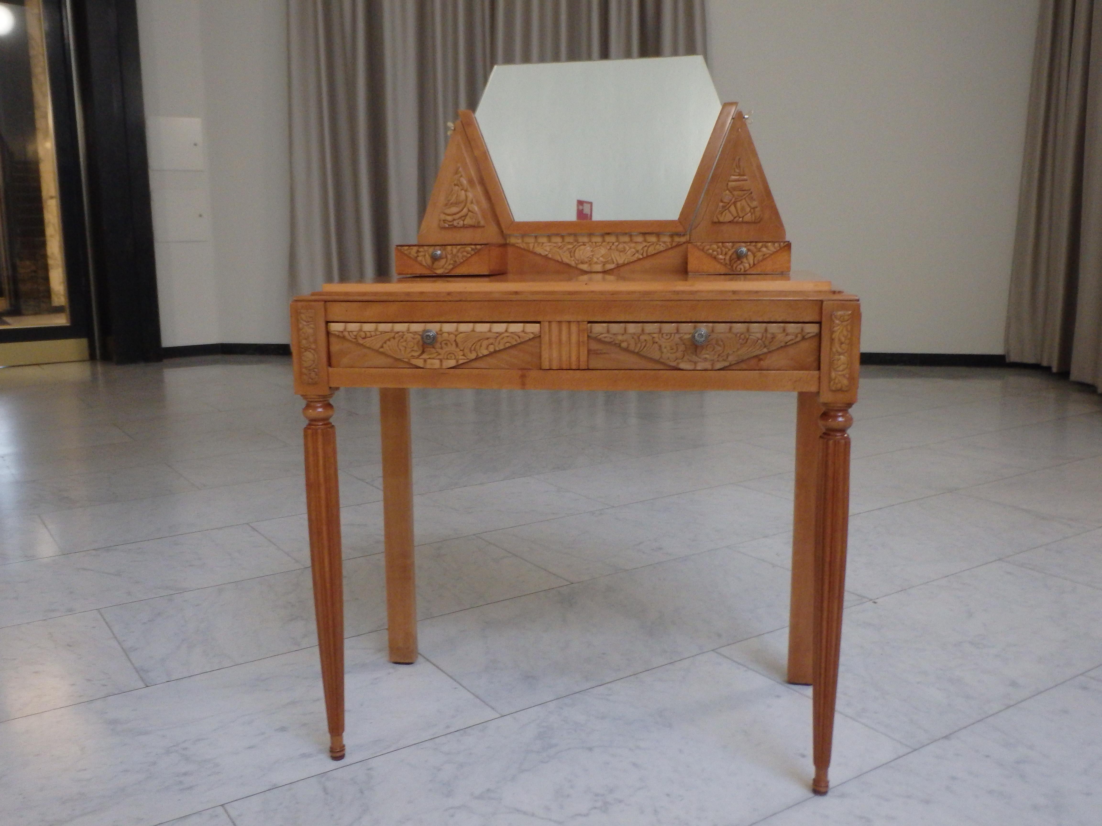 Art Deco 1920thies birch with cubistic carved flowers vanity , console or writing desk For Sale