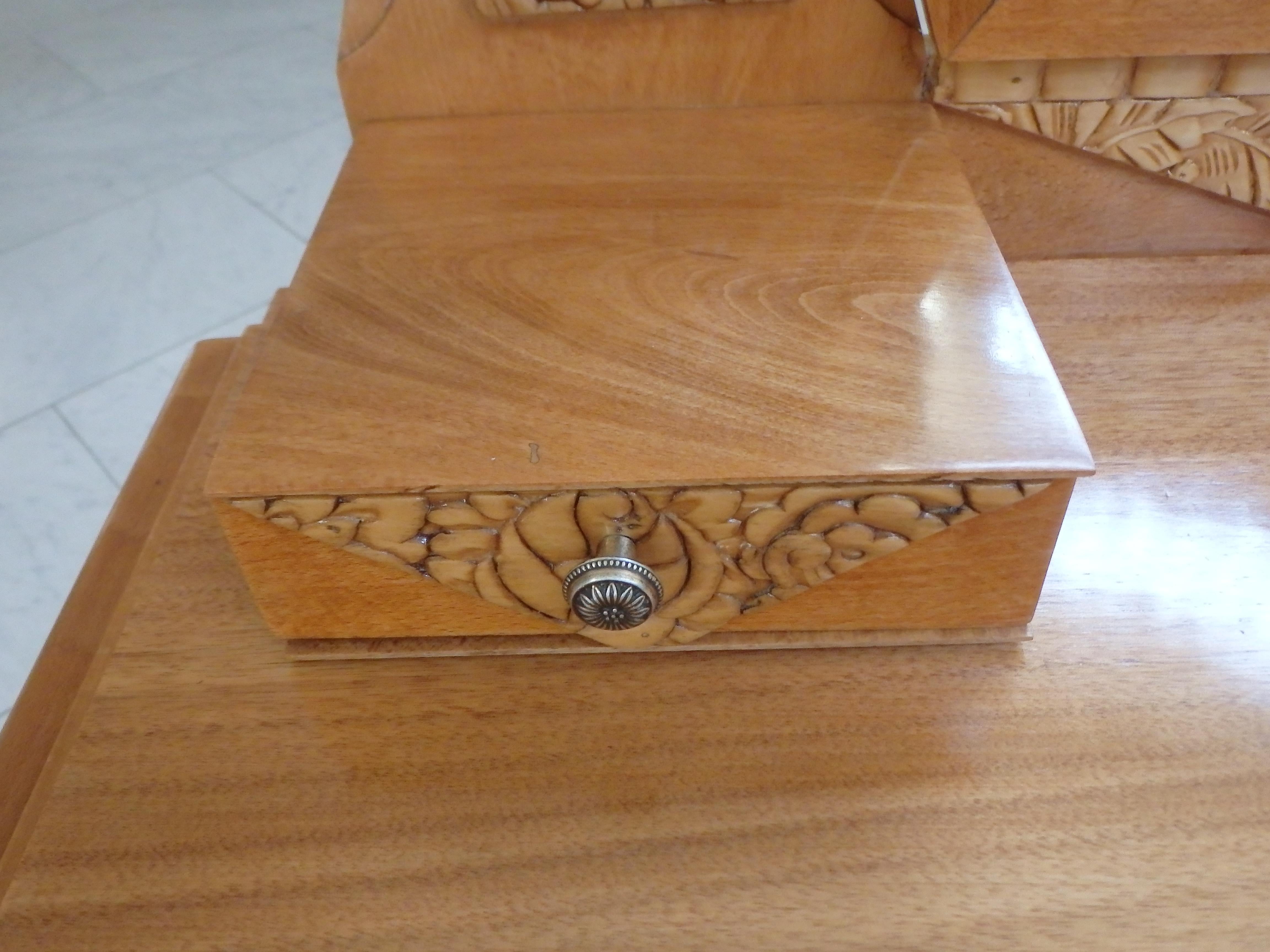 French 1920thies birch with cubistic carved flowers vanity , console or writing desk For Sale