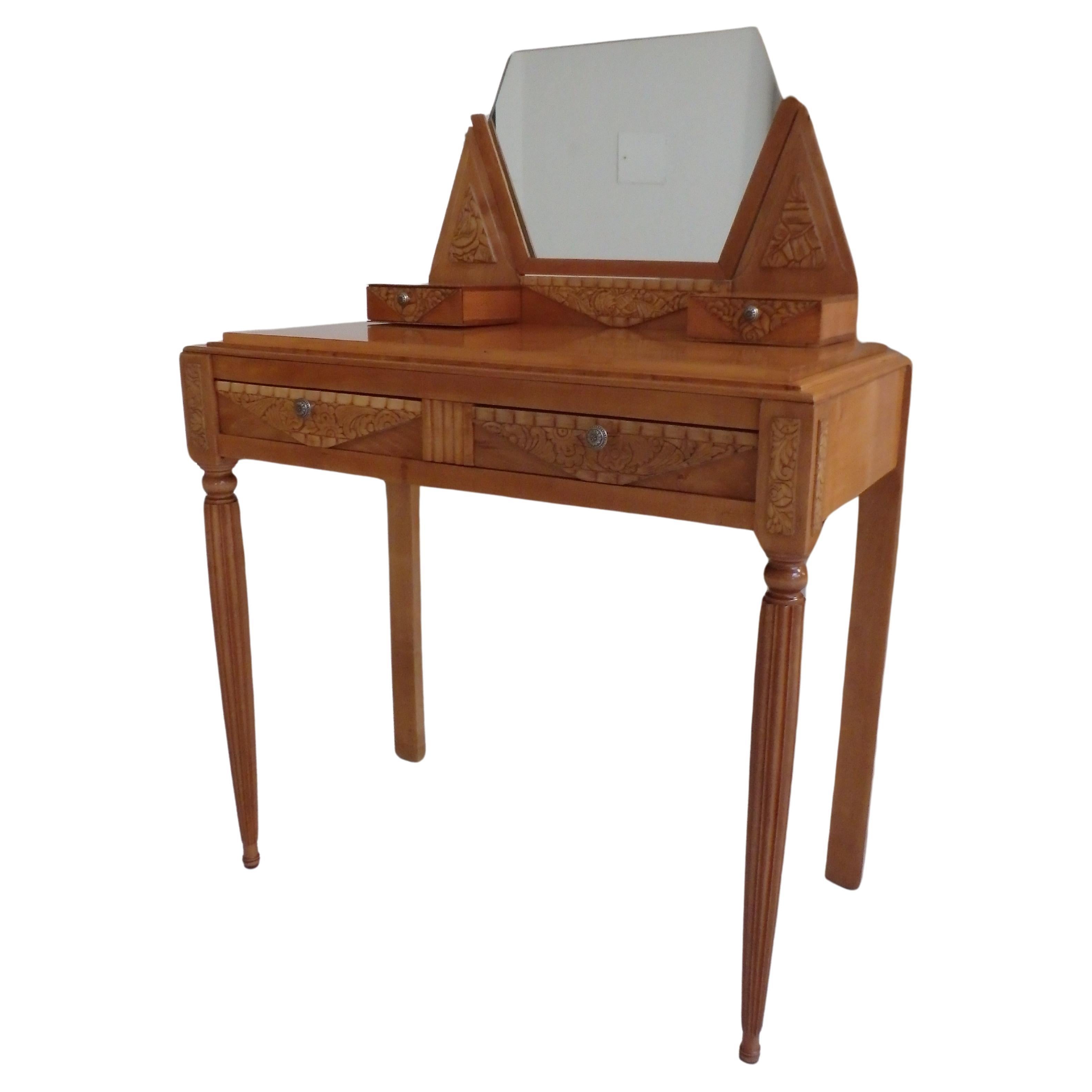 1920thies birch with cubistic carved flowers vanity , console or writing desk For Sale