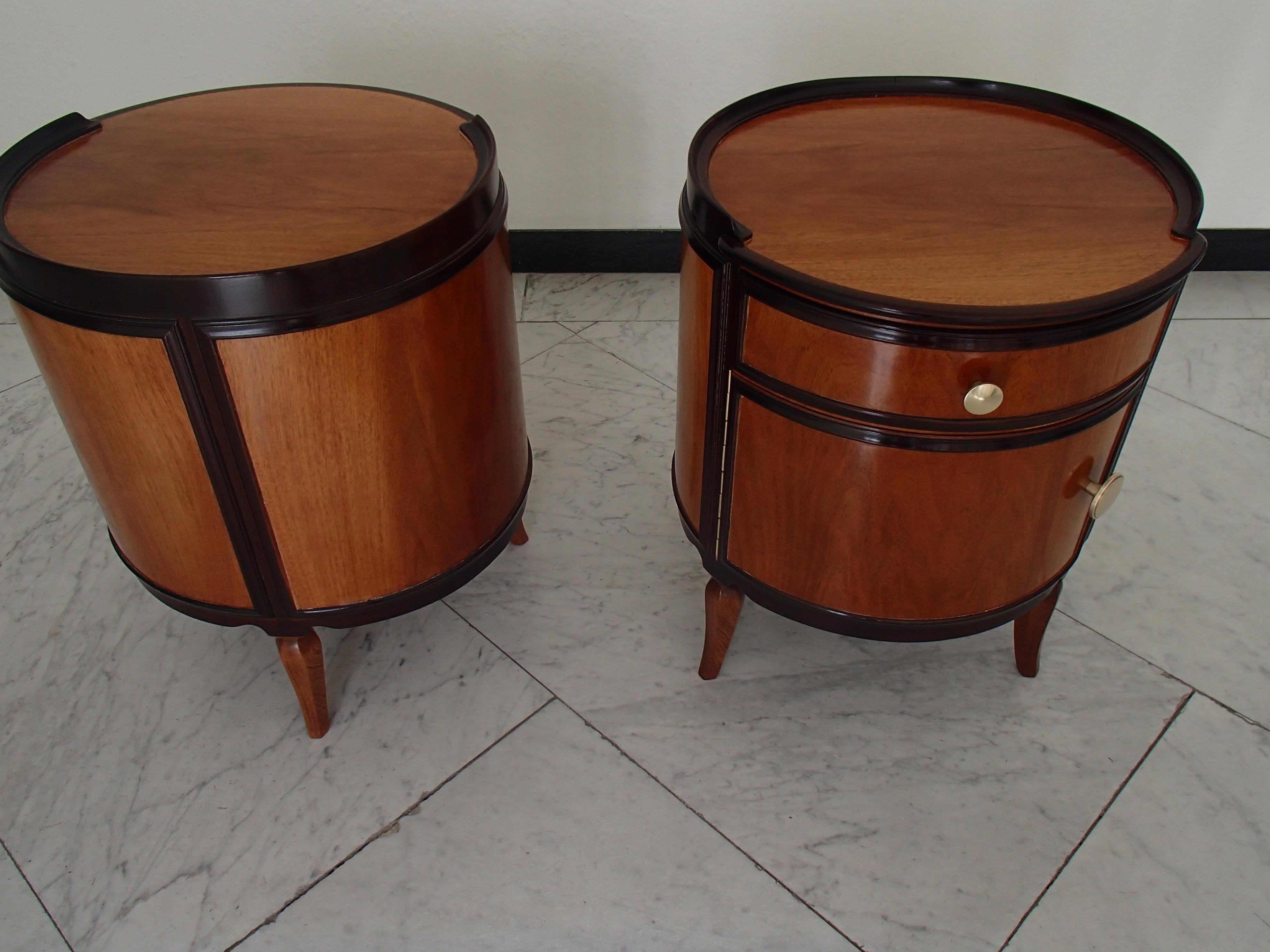 French 1920 This Pair Round of Full Mahogany Side Tables Nightstands with Brass Knobs