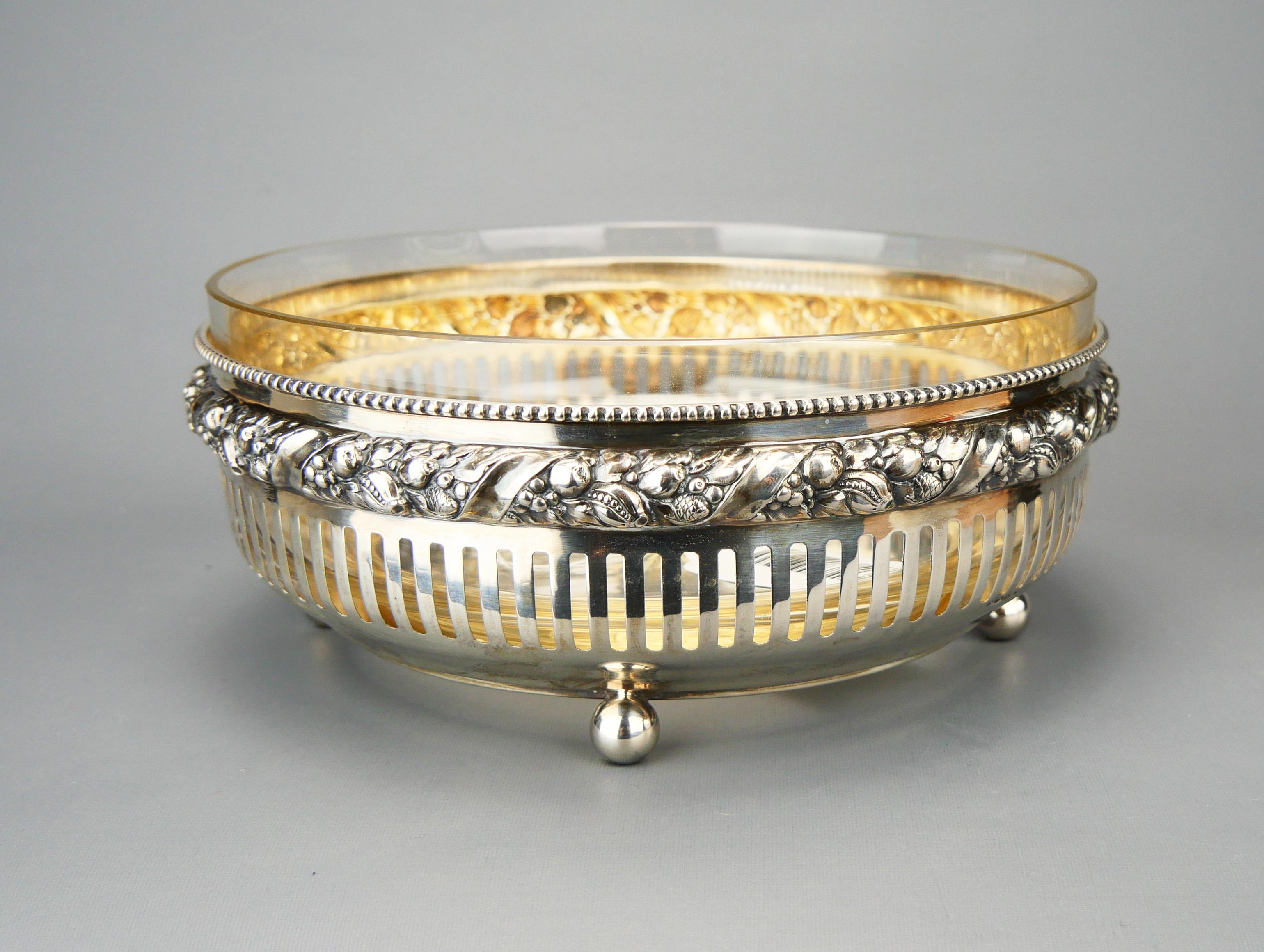 Rough Cut 1921 Art Deco Bowl solid 830 Silver Cut Crystal Glass / 767 gr For Sale