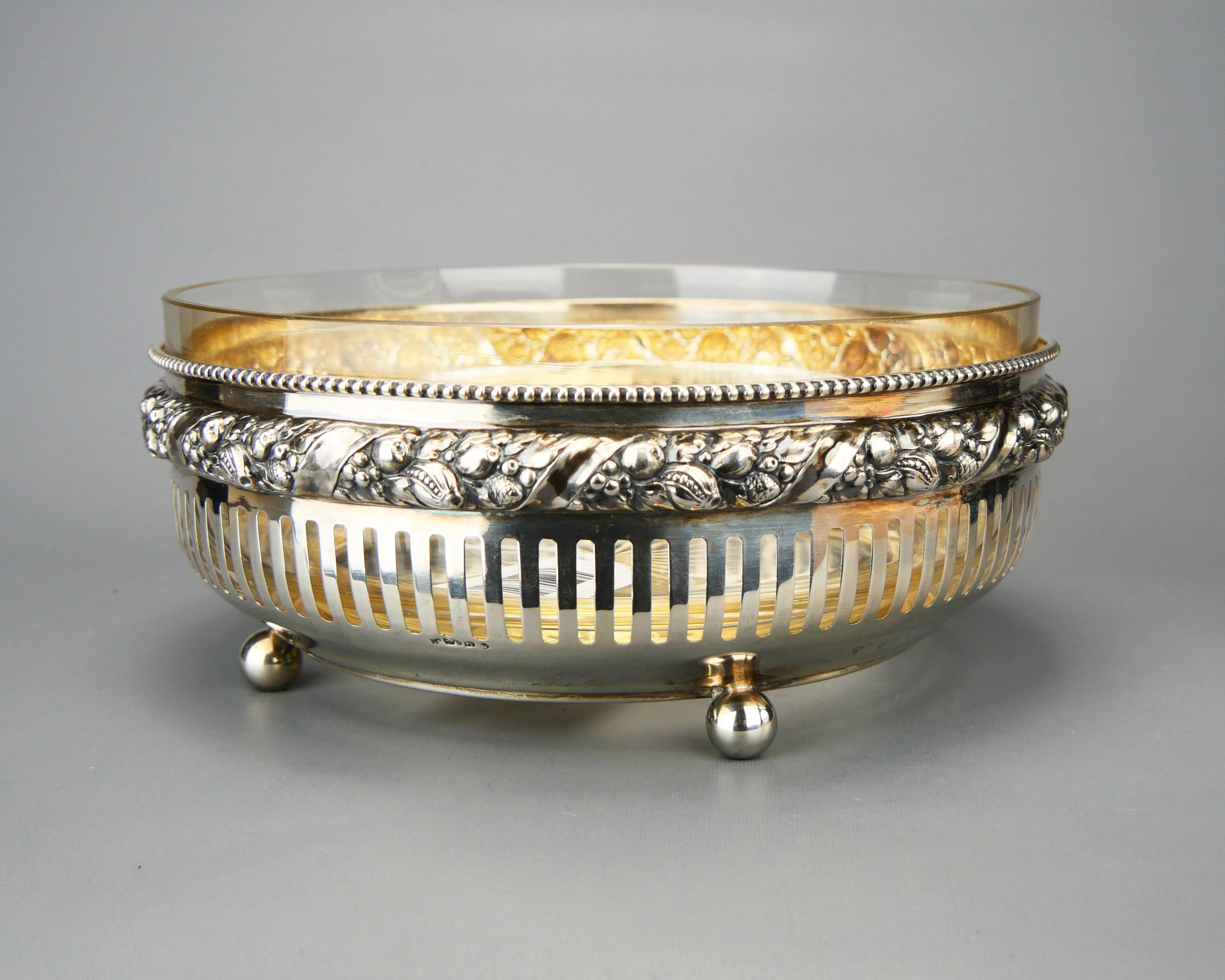 Women's or Men's 1921 Art Deco Bowl solid 830 Silver Cut Crystal Glass / 767 gr For Sale