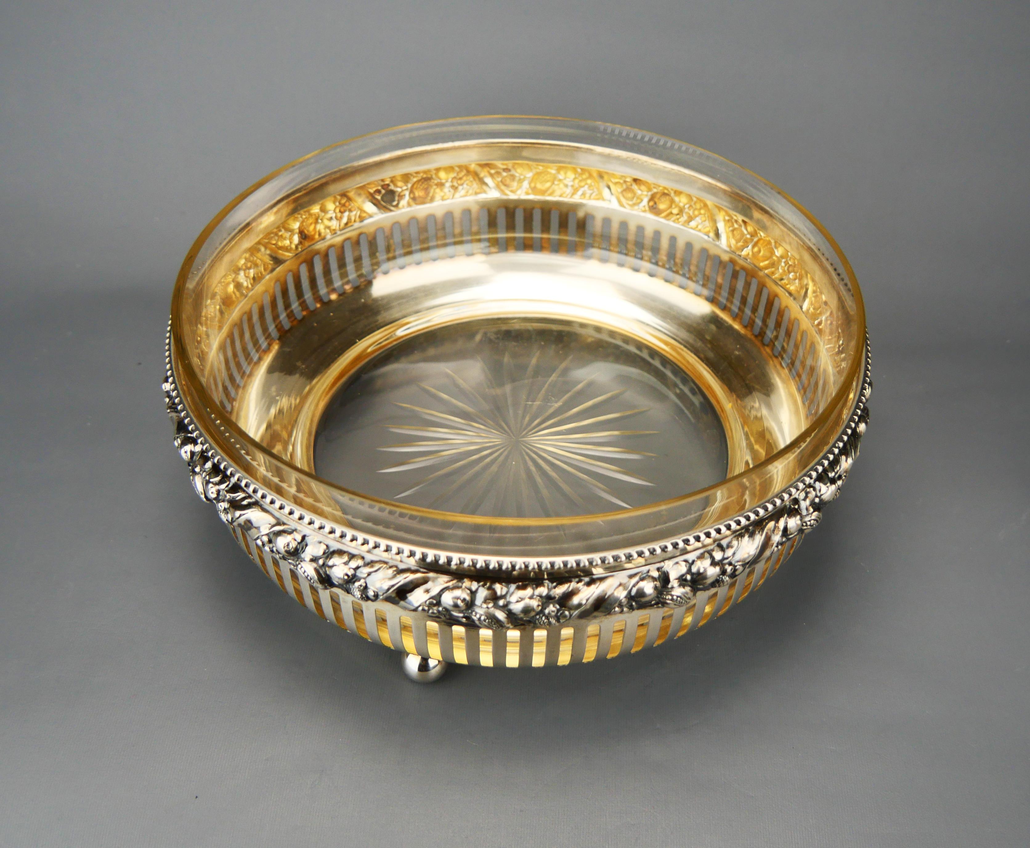 1921 Art Deco Bowl solid 830 Silver Cut Crystal Glass / 767 gr For Sale 1