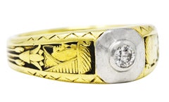 1921 Art Deco Egyptian Revival Diamond Platinum-Topped 14 Karat Yellow Ring