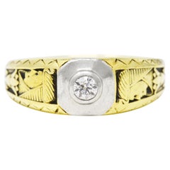 1921 Art Deco Egyptian Revival Diamond Platinum-Topped 14 Karat Yellow Ring