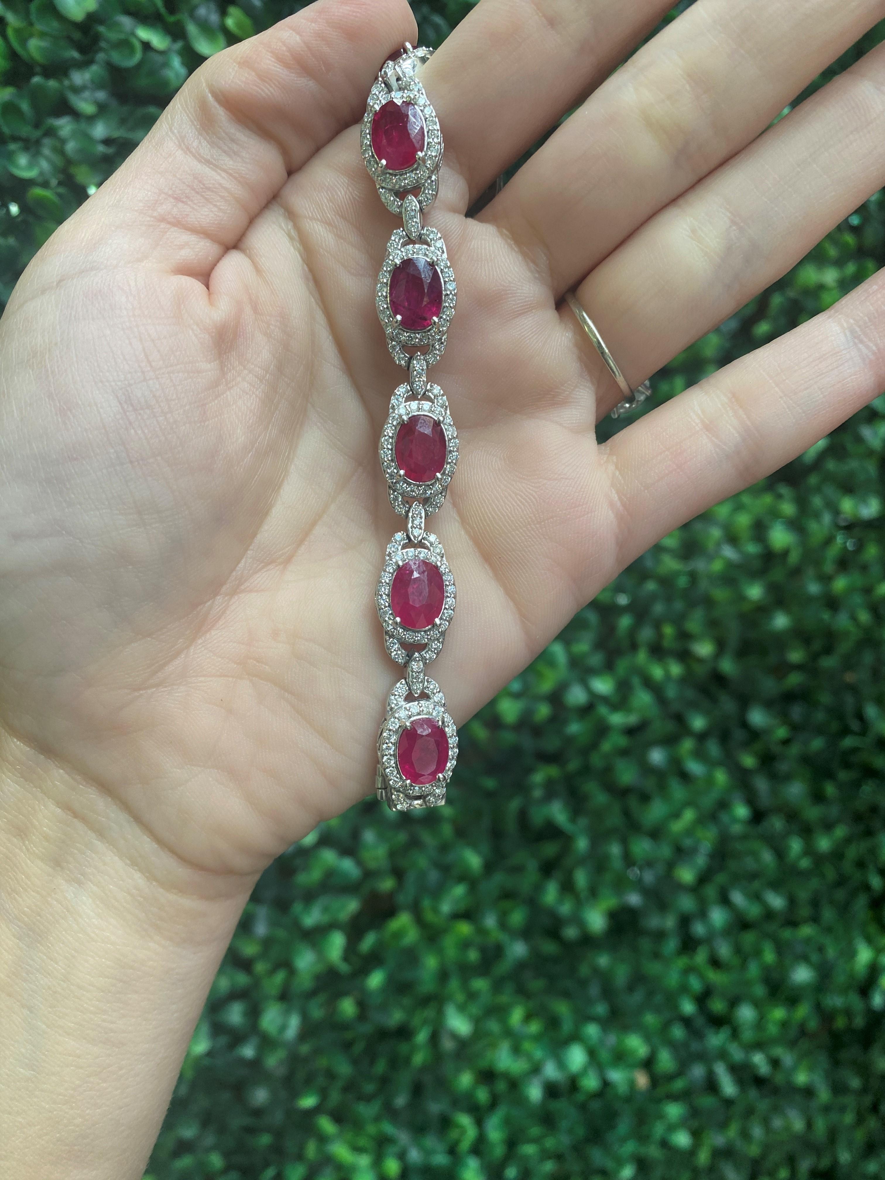 Women's or Men's 19.21 Carat Oval Ruby with 4.48 Carats of Round Pave Diamonds, 14K White Gold