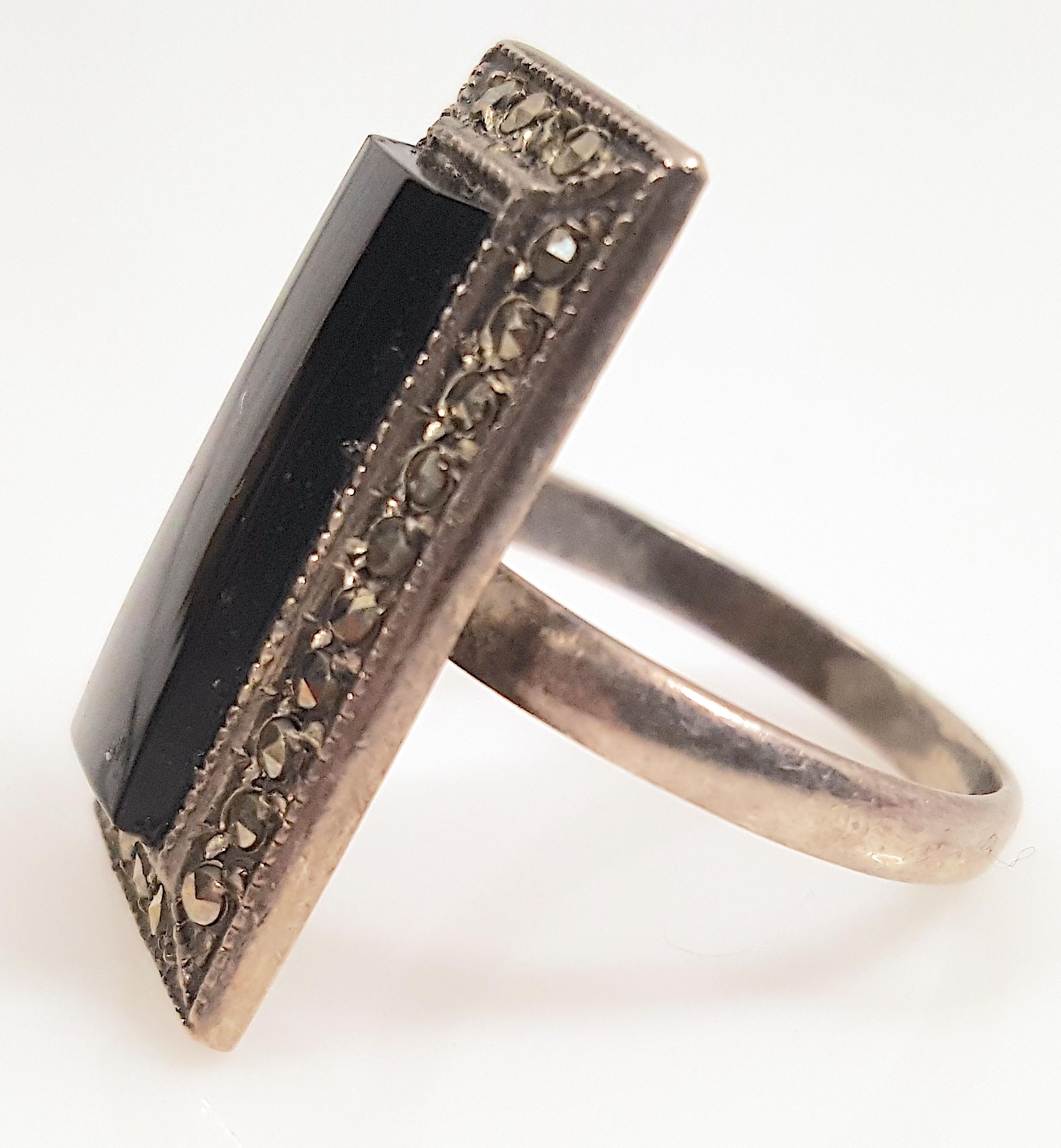 Art Deco 1921 Early ArtDeco SterlingSilver BlackOnyx Marcasite Signed Rectangular Ring For Sale